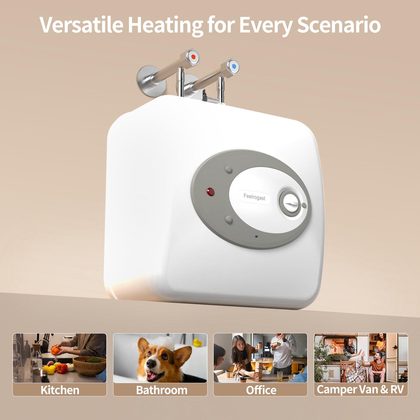 Feelrogast Electric Tank Water Heater-8 Gallon Under Sink Instant Hot Water for RV, Camper, Kitchen, Food Truck, 120V 1500W, Wall or Floor Mounted
