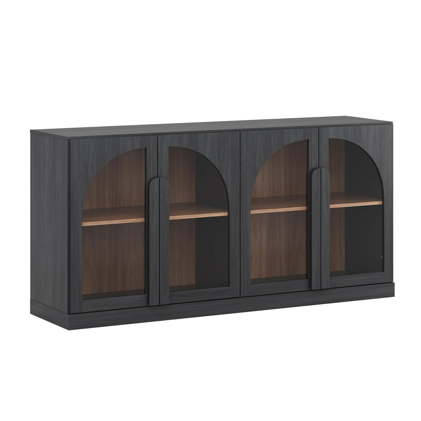 BELLEZE 64" Kitchen Storage Cabinet with Adjustable Shelves, Freestanding Accent Cabinet with Arched Glass Doors for Living Room, Dining Room, Entryway, Ebony