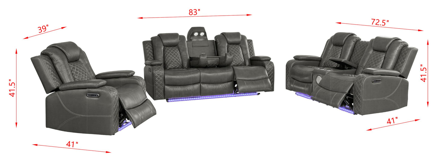 Ball & Cast Power Recliner Sofa Set Leather Reclining Couch Home Theater Seating 3PCS Recliner Couch Loveseat & Chair Sets with Wireless Charing,Cup Holders,Storage Box for Home Theater,Living Room