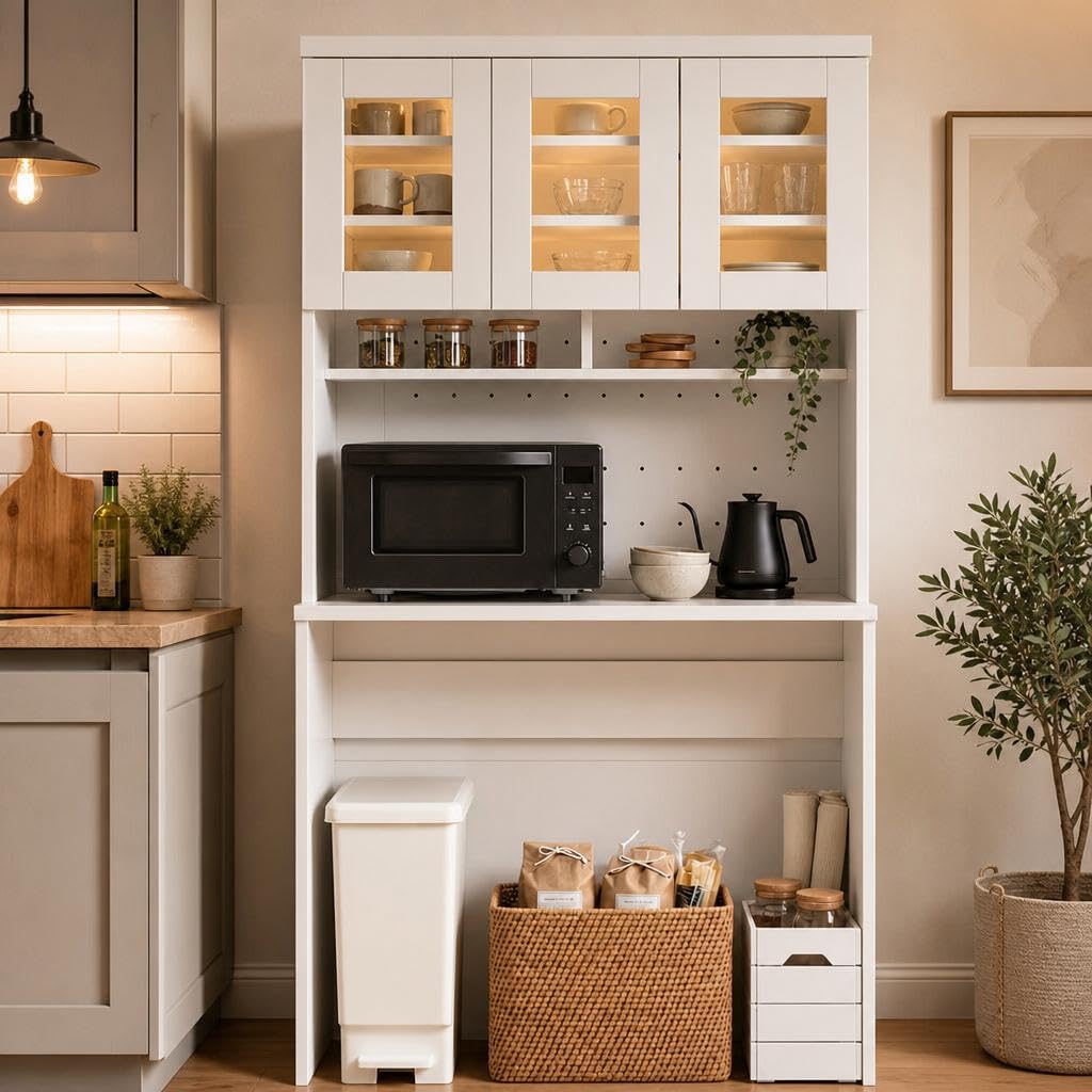 Garvee 71.5" Kitchen Cabinet with Trash Can Storage, Kitchen Trash Can Cabinet with Microwave Stand, 35.4" Wide Kitchen Pantry with Garbage Storage for Dining Room