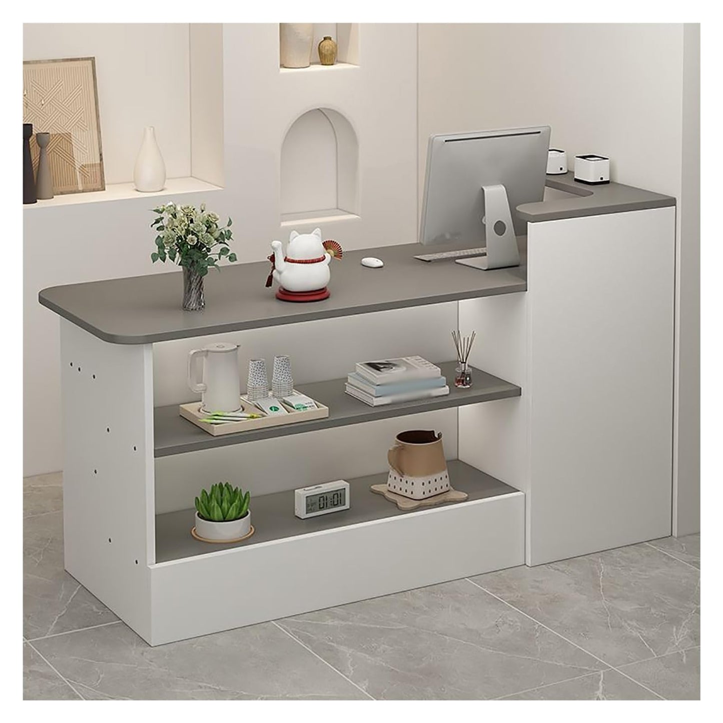 Modern Reception Counter Desk for Front Desk, Lobby & Salon - Retail Counter with Display Shelf & Drawers