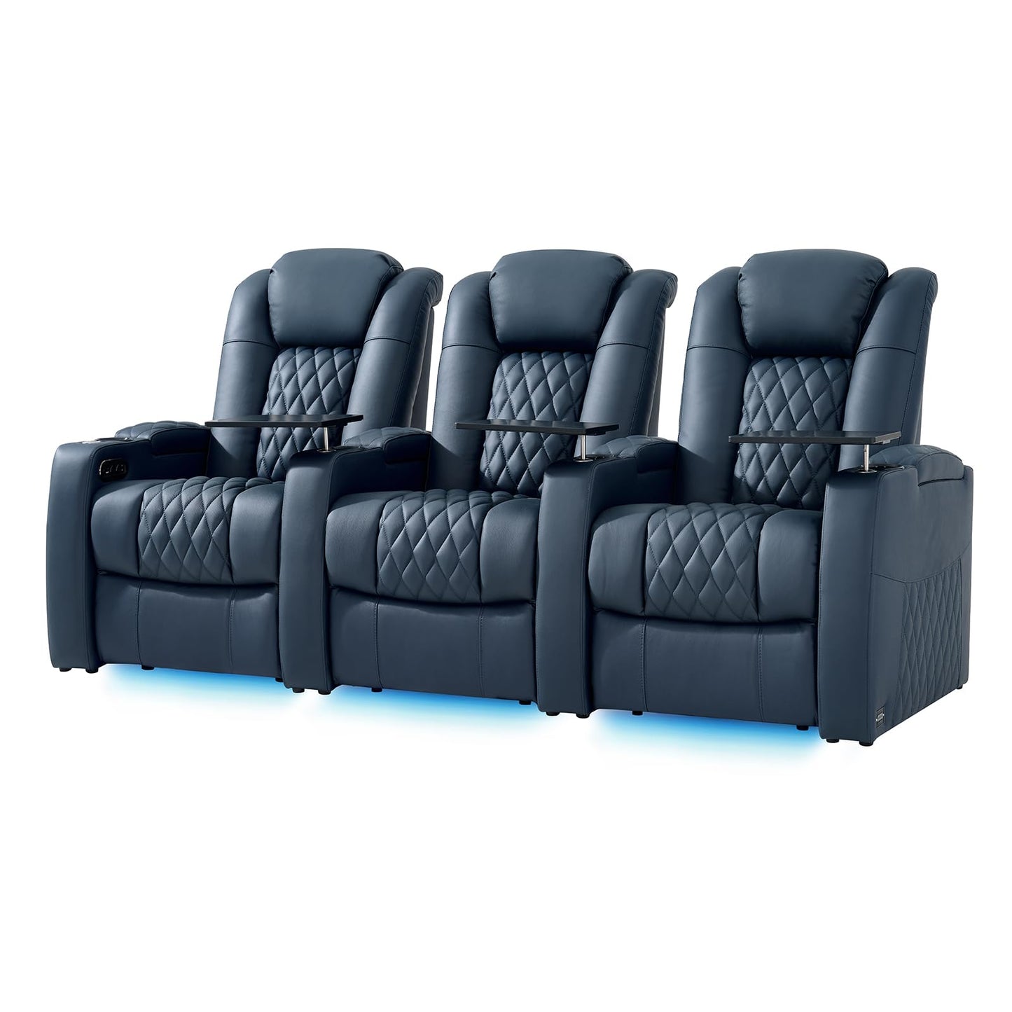 comfiroom Leather Home Theater Seating, Classic Series Dual Power Electric Headrest Game Seats Movie Theater Chairs Recliner Sofa with Type-C USB Charger (Blue, Row of 3)