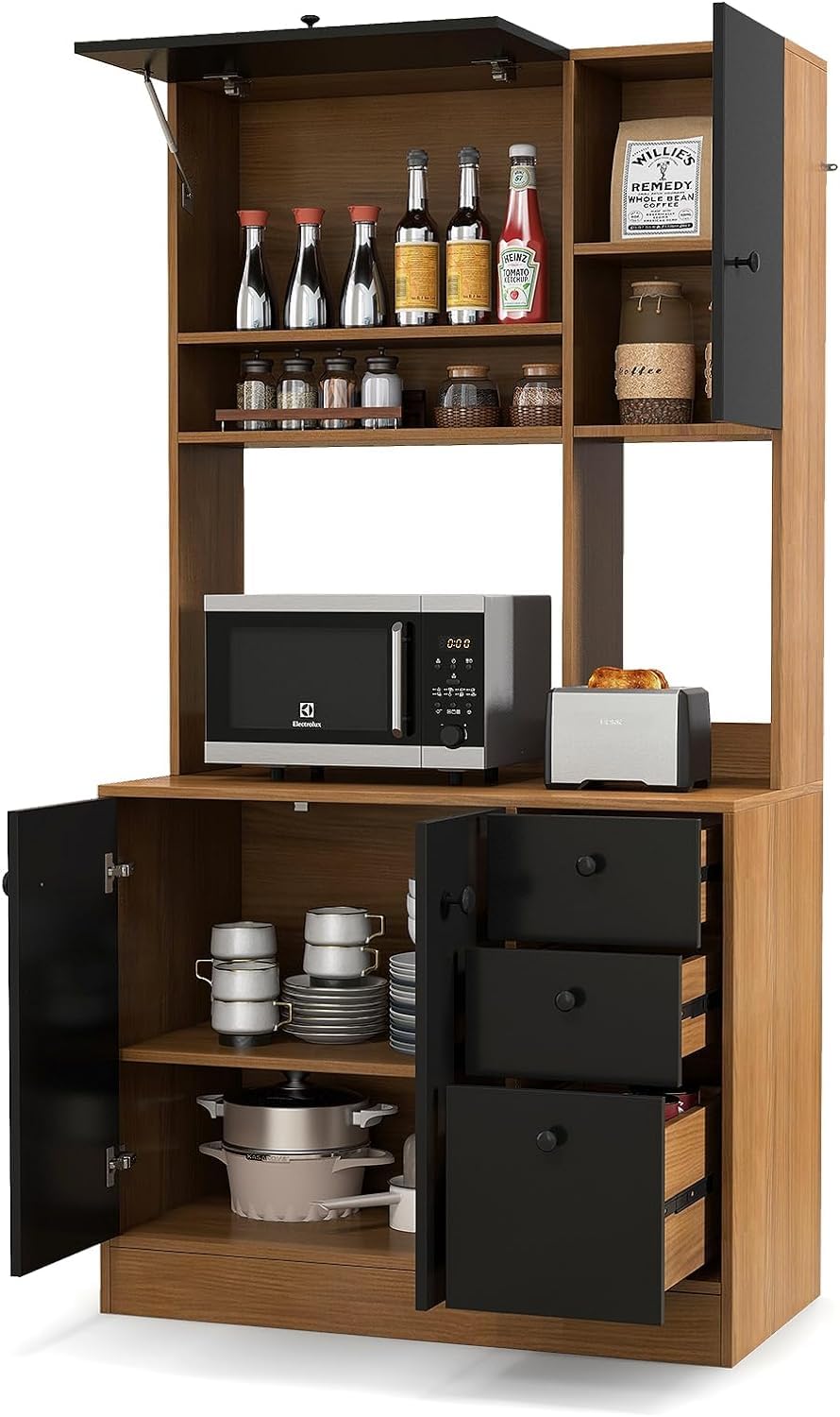 Nightcore Kitchen Pantry Storage Cabinet, 71" Freestanding Pantry with 3 Deep Drawers, Adjustable Shelves, Kitchen Hutch with Microwave Countertop for Dining Room, Living Room (Walnut & Black)