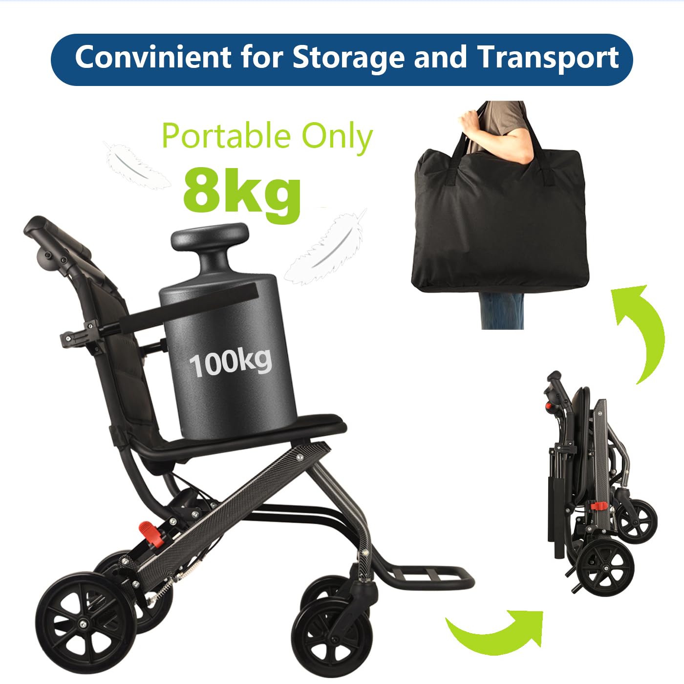 Only 15lbs Transport Wheelchairs, with Telescopic Handle, Carry Bag Include, Travel Wheelchairs for Adults Lightweight Foldable,Ultra Lightweight Folding Wheelchair, Support 220lbs