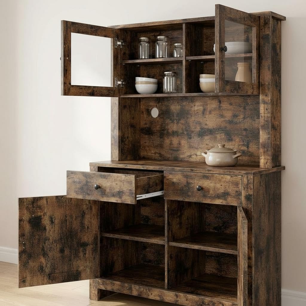 IDEALHOUSE 63" Kitchen Pantry Cabinet with Drawers, Hutch Cabinet with Storage, Microwave Stand, Adjustable Shelves, Freestanding Tall Pantry Storage for Dining Room, Living Room, Rustic Brown