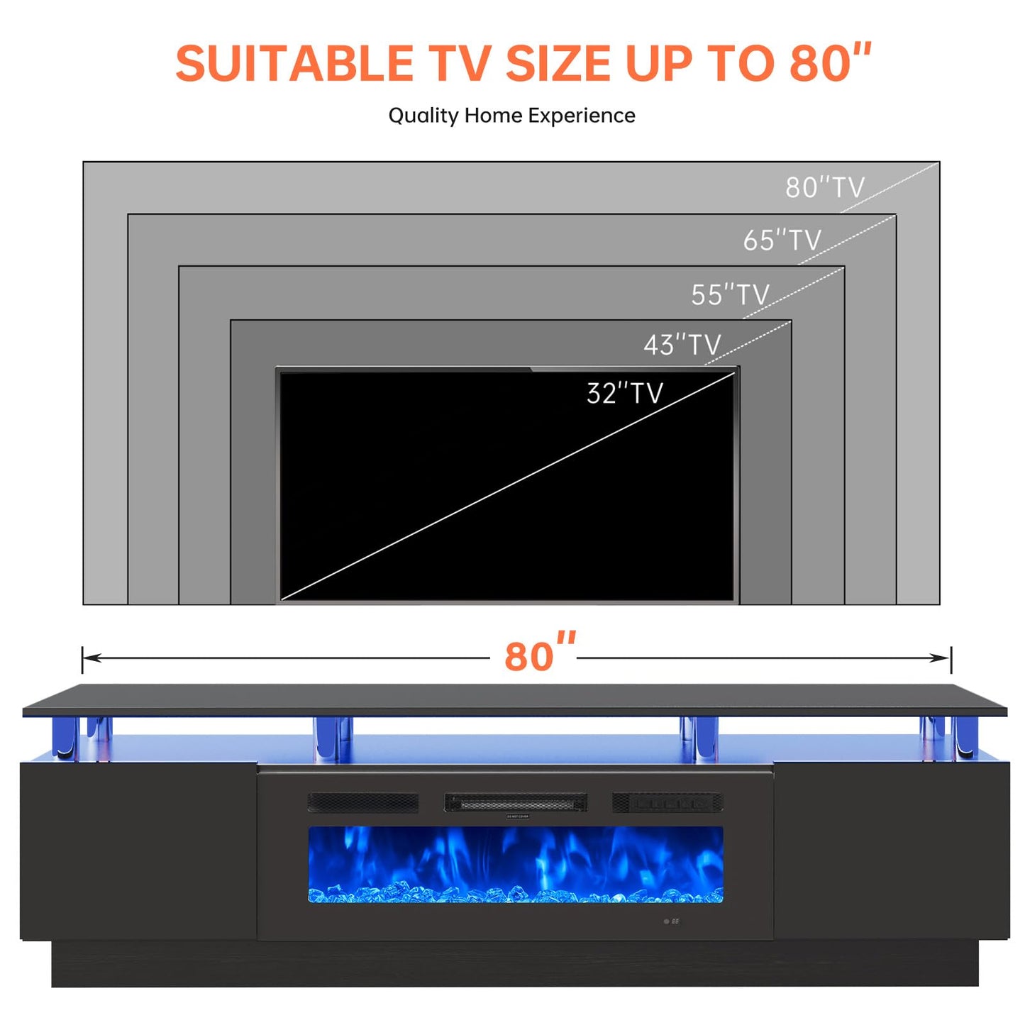 MXV 80" Fireplace TV Stand, Modern Entertainment Center & 36 Inch Electric Fireplace, Remote Control, LED Light, Fire Place Tv Stand for Living Room for TVs up to 90", Black + Black