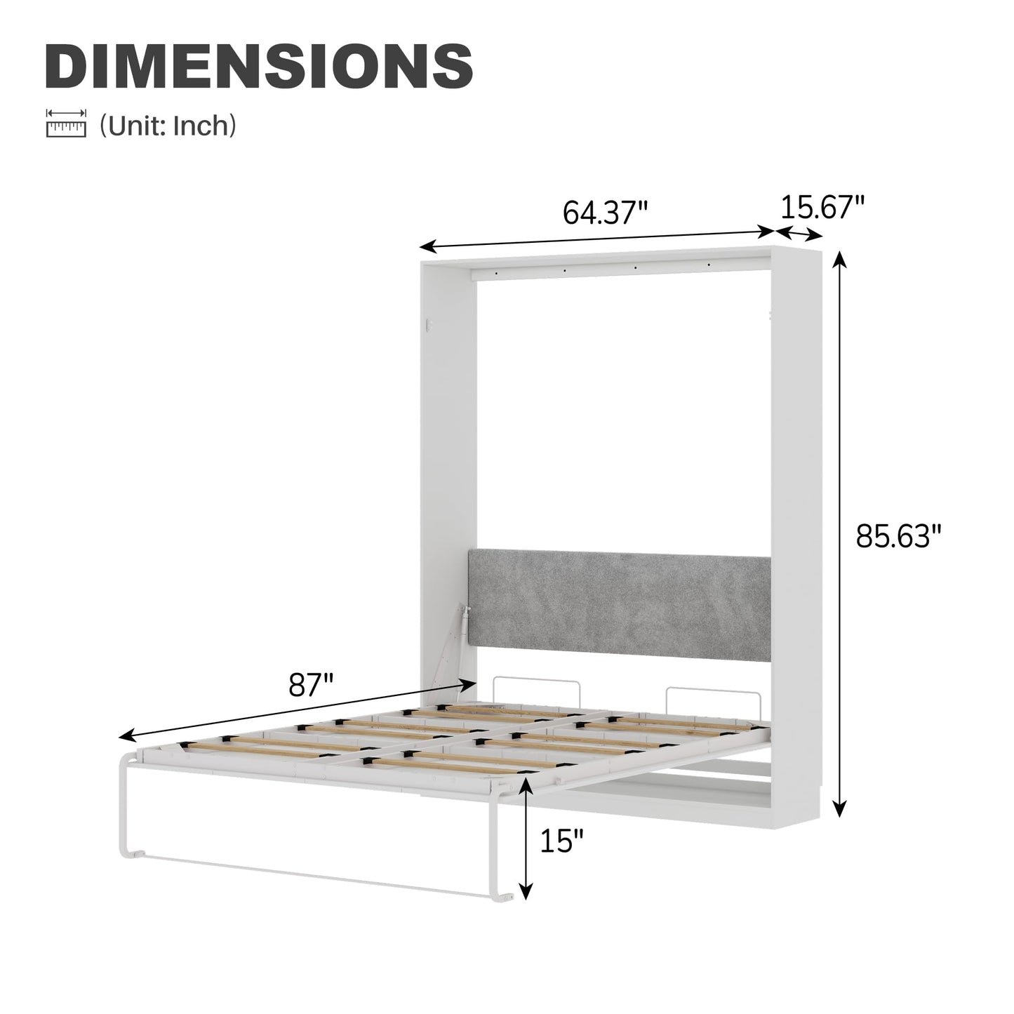 Jiaoun Queen Murphy Bed,Farmhouse Guest Beds,Folding Wall Bed with Hydraulic Bar,64" W Twin Murphy Beds for Small Spaces/Offices/Apartments/Guest Room,White