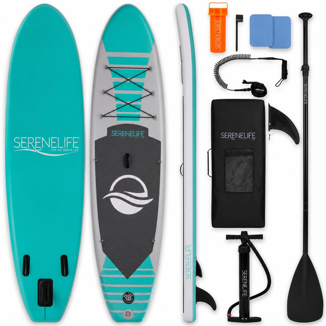 SereneLife 10’ Inflatable Stand Up Paddle Board with Premium SUP Accessories - 32” Wide Stable Design with Non-Slip EVA Deck Pad, for Youth and Adults, 275 lbs. Capacity