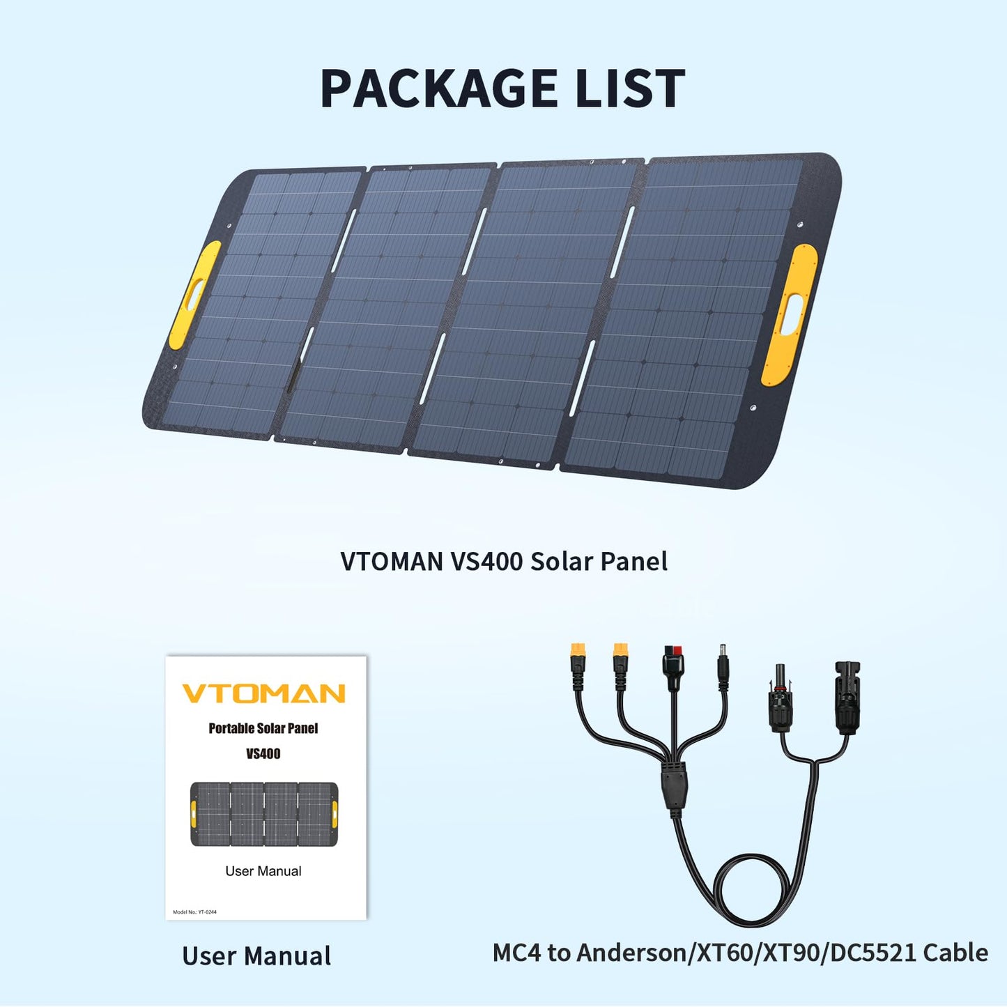 VTOMAN VS400 Portable Solar Panel 400W 43V, 25% Efficiency Foldable Solar Panel w/ IP67 Waterproof & MC-4 Anderson XT60 XT90 DC5521 Adapters & Adjustable Kickstands, Off-Grid Power for Home & Camping