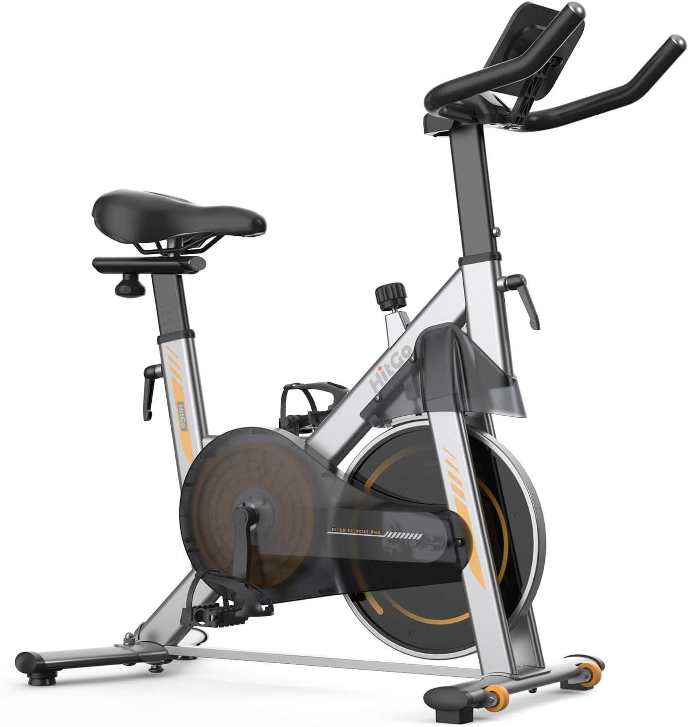 Hitgo Magnetic Exercise Bike for Home - Ultra Quiet Indoor Cycling Bike with Bluetooth App, 3kg Cast Iron Flywheel, Compact Stationary Bike for Apartment, 265lbs Weight Capacity, Silver