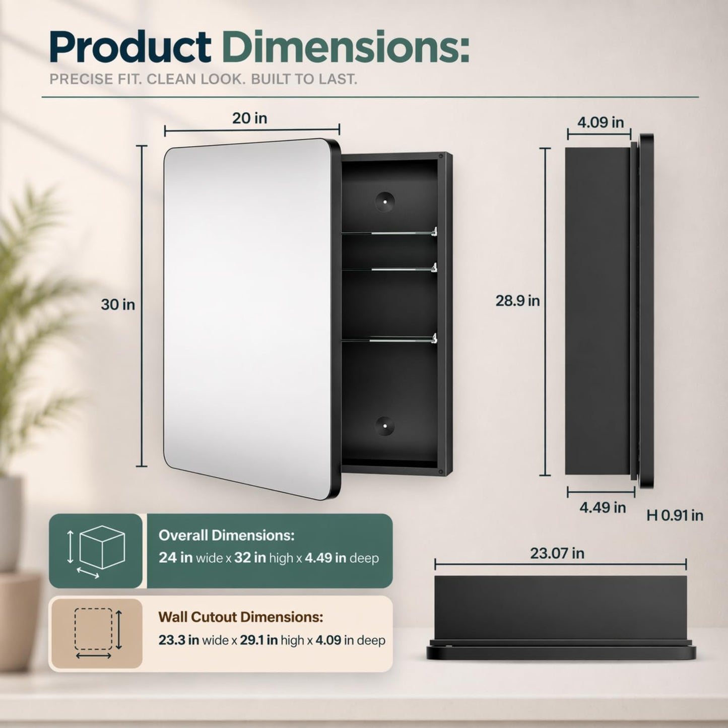 GoTiling Bathroom Medicine Cabinet with Mirror, 20x30 Inch Recessed or Surface Mount Wall Organizer, Fits Tall Bottles, 6 Adjustable Glass Shelves, Soft Close DTC Hinges, Matte Black, Pre-Assembled