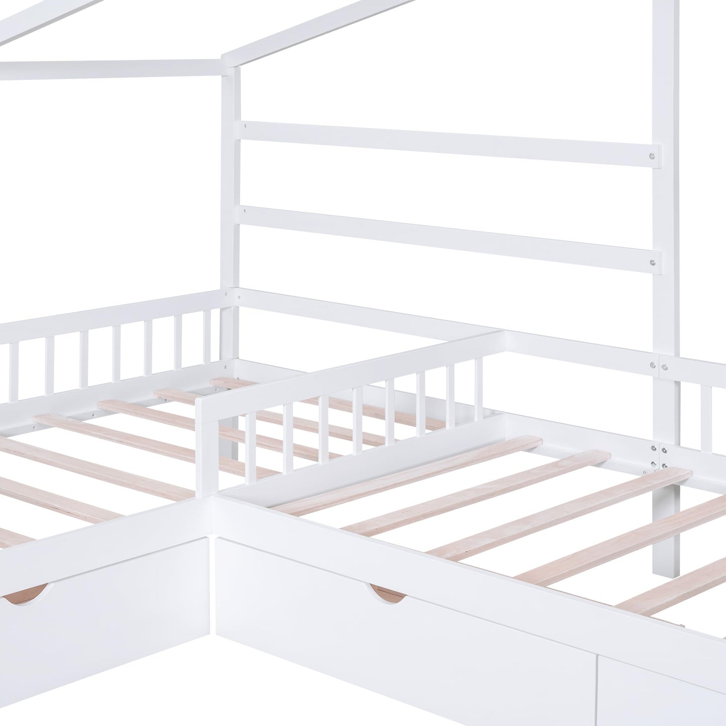 Merax House Bed for 2 Kids Twin Size, Wood L-Shaped Double Platform Bed with 3 Storage Drawers, for Boys Girls Teens, White