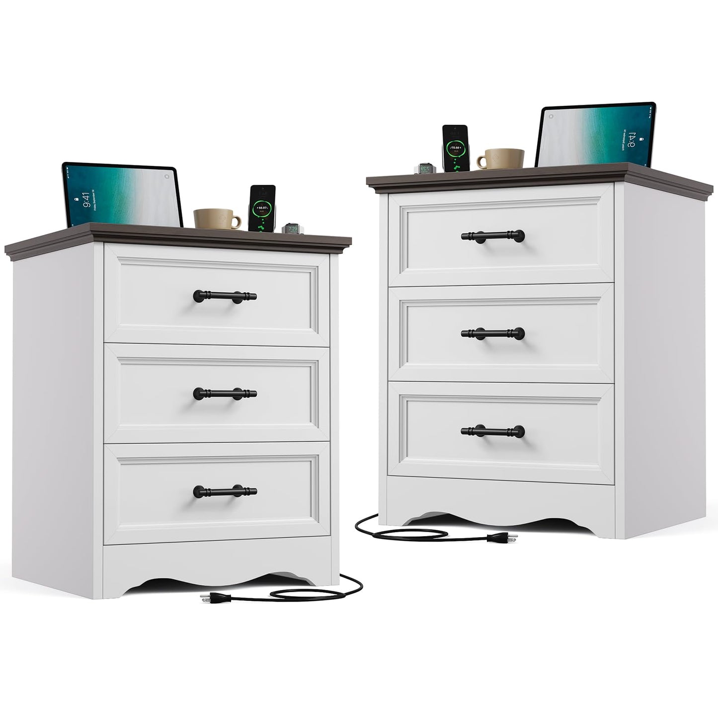 Nightstand Set of 2, Farmhouse Night Stand with Charging Station, White Wood Bedside Table & End Table with 3 Drawers, Side Table Storage Cabinet with Metal Handles for Bedroom, Living Room