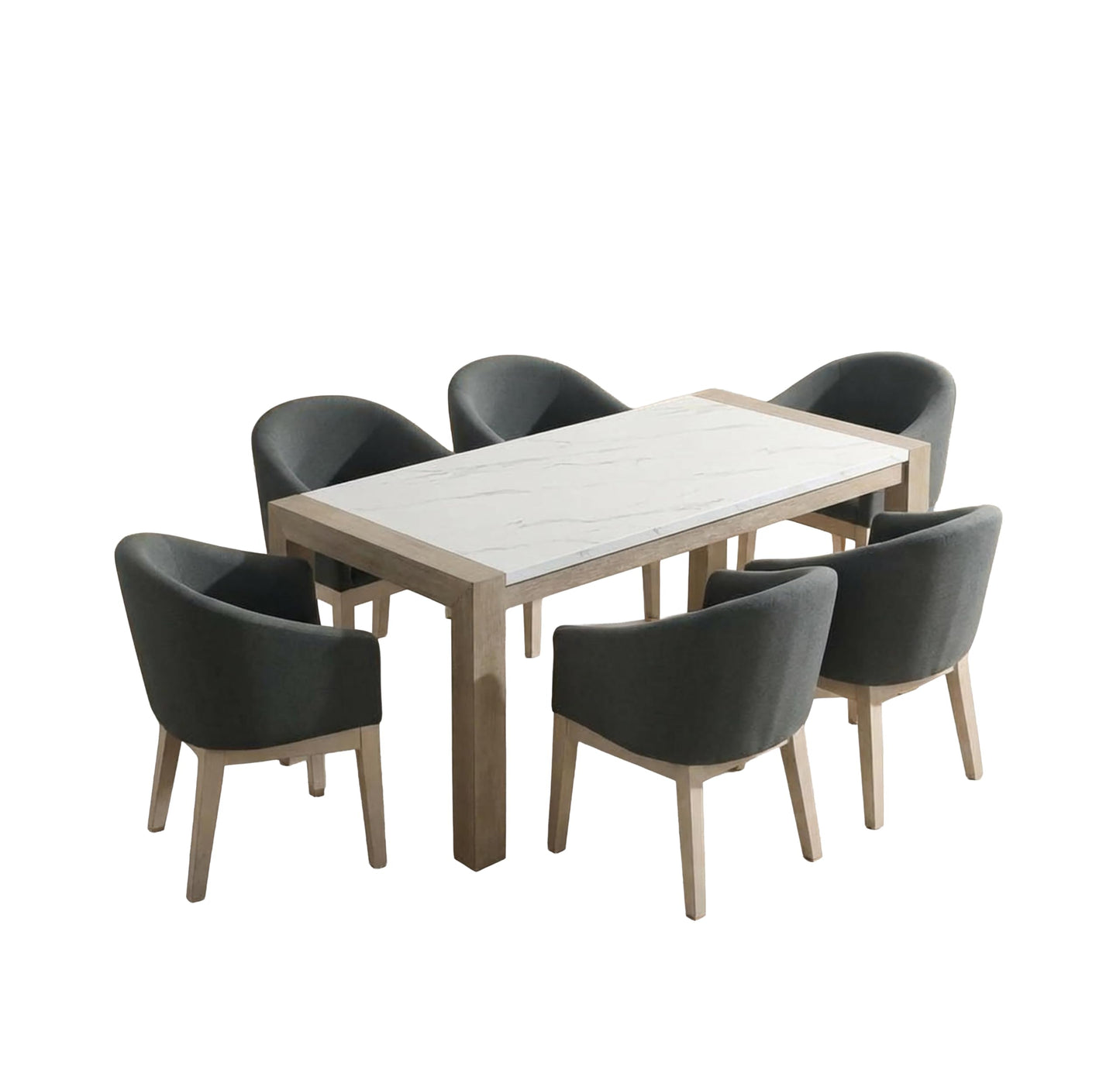 GDFStudio 66" 7-Piece Rectangular Dining Set, White Faux Marble Table with Light Oak Legs, 6 Gray Fabric Upholstered Barrel Chairs, Modern Contemporary Dining Furniture for 6