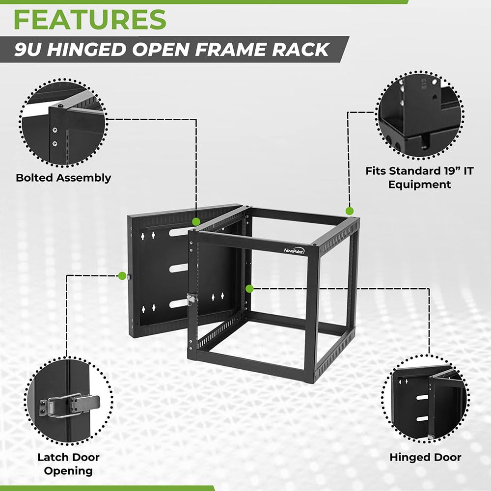 NavePoint 9U Wall Mount Server Rack with Hinged Back, 4-Post 24” Deep, Rear Swing Frame 9U Network Rack Wall Mount for 19 Inch Equipment AV IT Easy Cable Management, Black