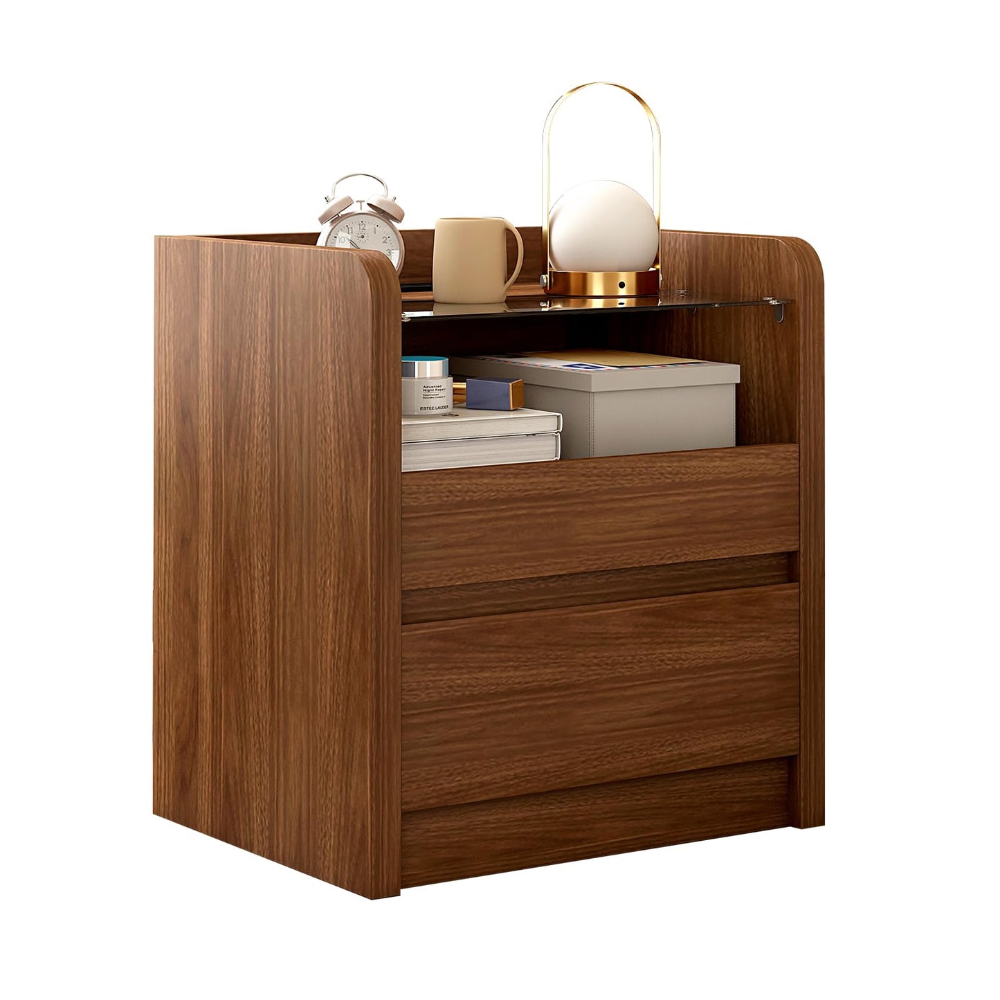 Messenya Modern Nightstand for Bedrooms, 20" Wide w/Charging Station & Curved Anti-Collision Design, Mid-Century Storage Cabinet w/Pre-Embedded Slots, Reinforced Panel Construction (1)