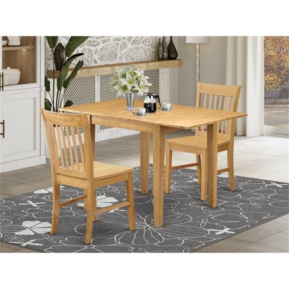 East West Furniture NDNO3-OAK-W 3 Piece Kitchen Table Set for Small Spaces Contains a Rectangle Dining Table with Dropleaf and 2 Dining Room Chairs, 30x48 Inch, Oak