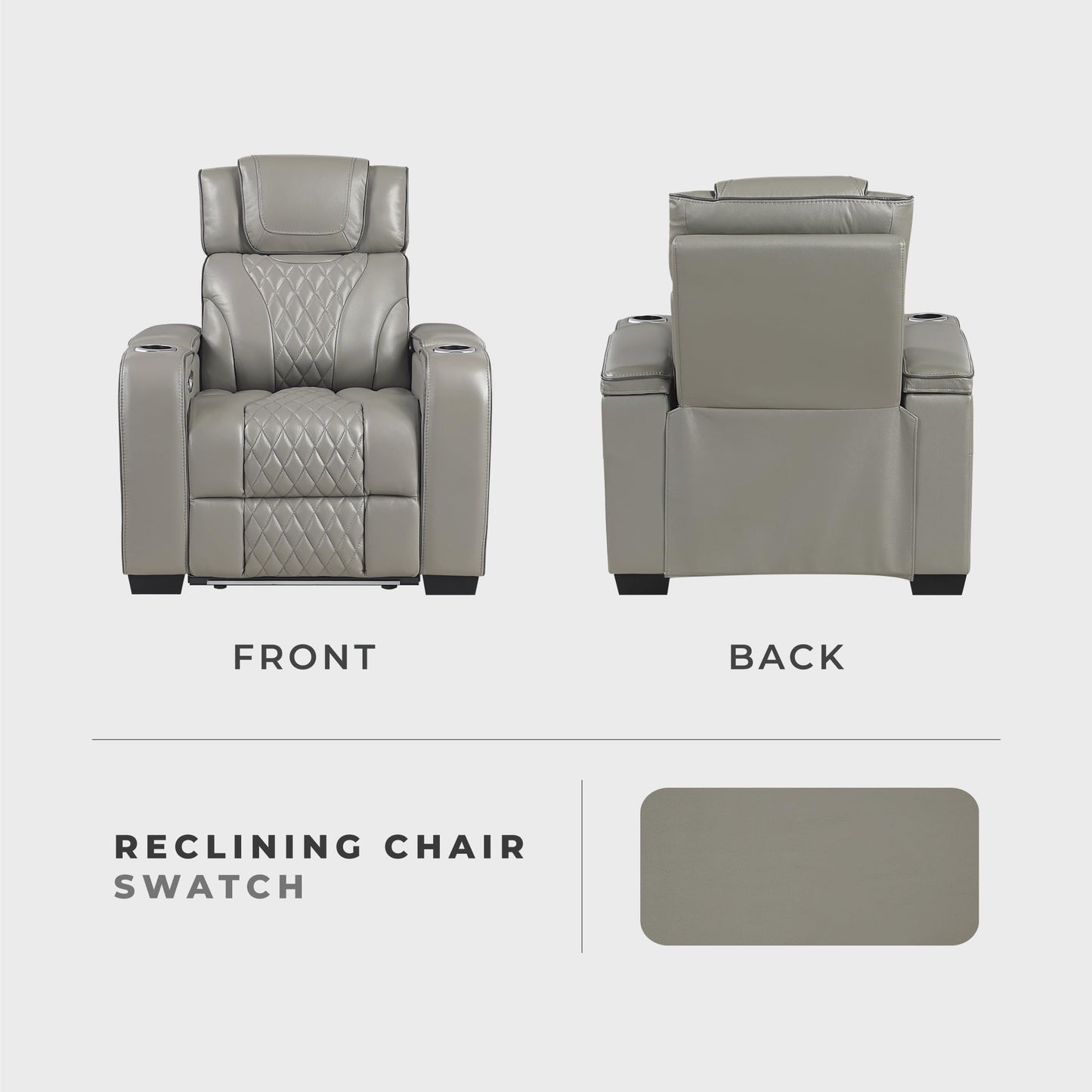 Lexicon Leather Power Recliner Chair with Heat/Massage/Headrest/Storage Arms/Cup Holders/LED Lights and Charging Ports, Top Grain Leather Match Wall Hugger Power Recliner Chairs for Adults, Grey