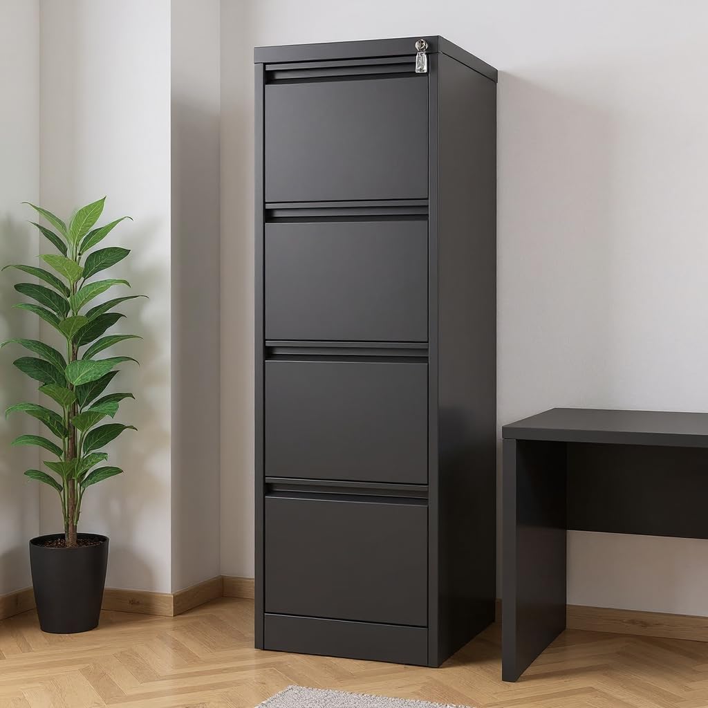 PeacefulHues 4 Drawer Metal Filing Cabinet with Lock, Heavy Duty Vertical File Cabinet for Home Office, Stores Letter, Legal, A4 & F4 Size Documents Black
