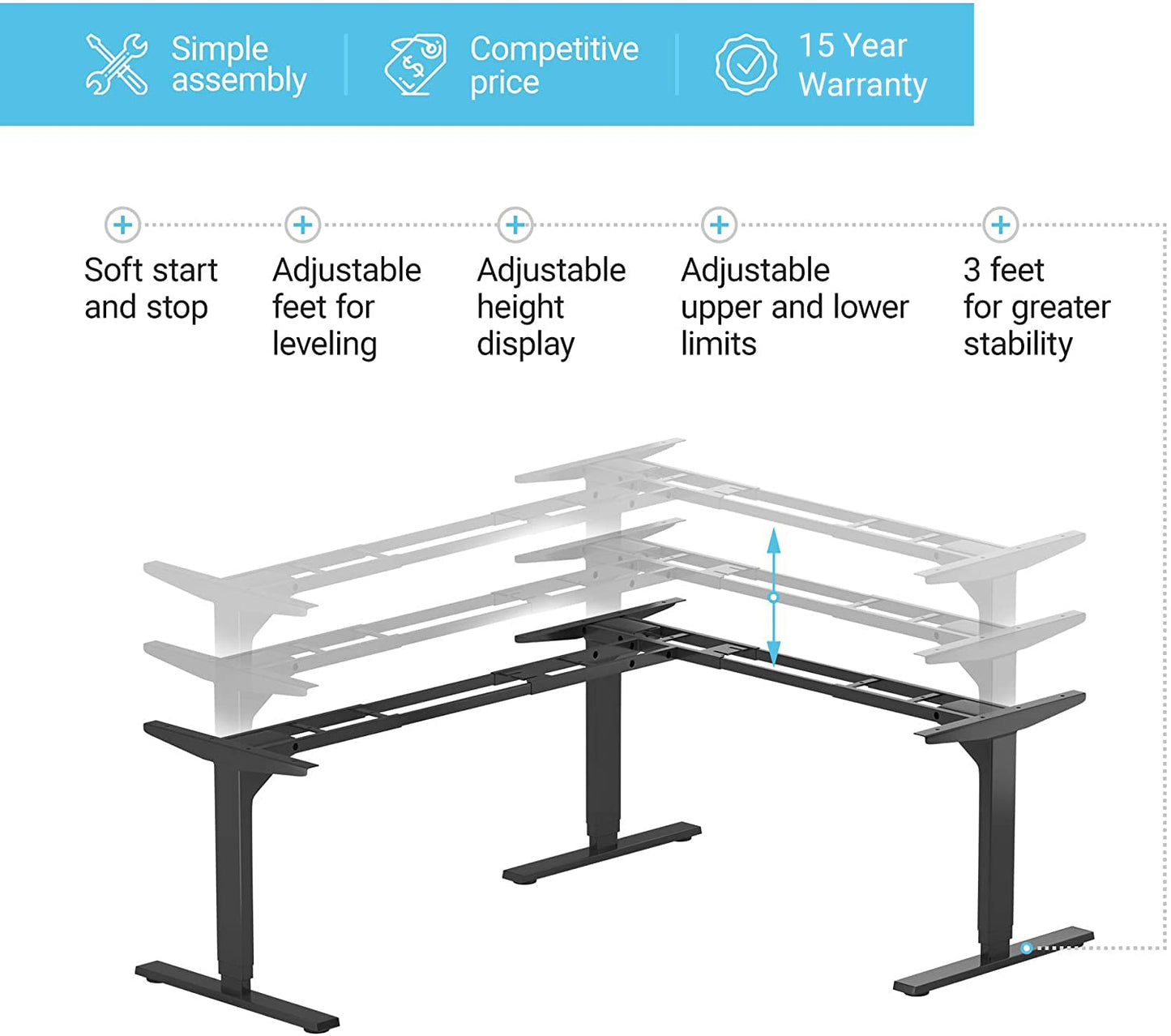 PROGRESSIVE AUTOMATIONS Standing Desk Corner Frame - Adjustable Height and Width Legs with Triple Electric Motors for Home Office L Shaped Desk FLT-05 Black