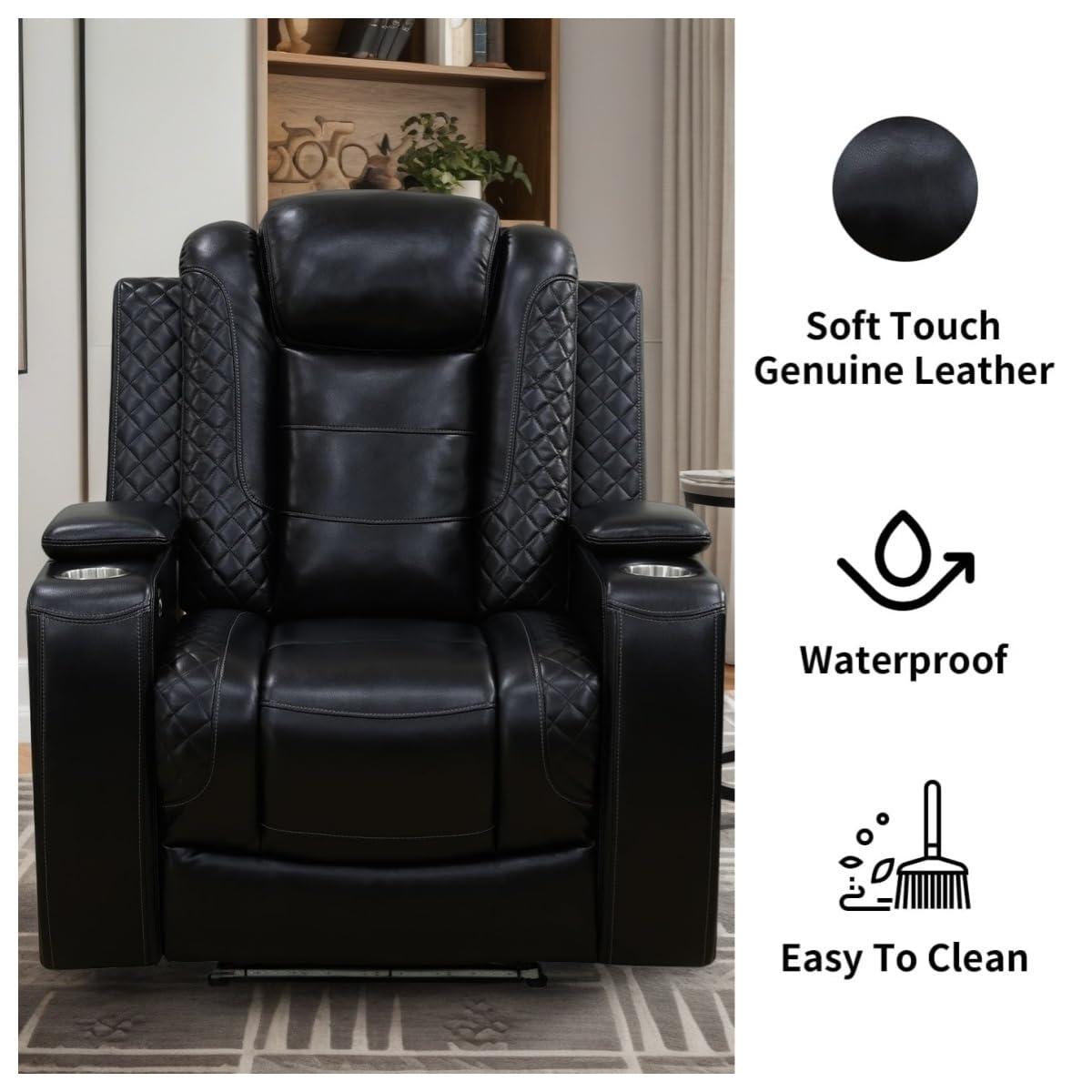 Trygoal Power Recliner Chair, Leather Recliners with Home Theater Seating, Oversized Single Electric Recliner Sofa Breathable Living Room Chairs for Adults Reading Gaming, Black