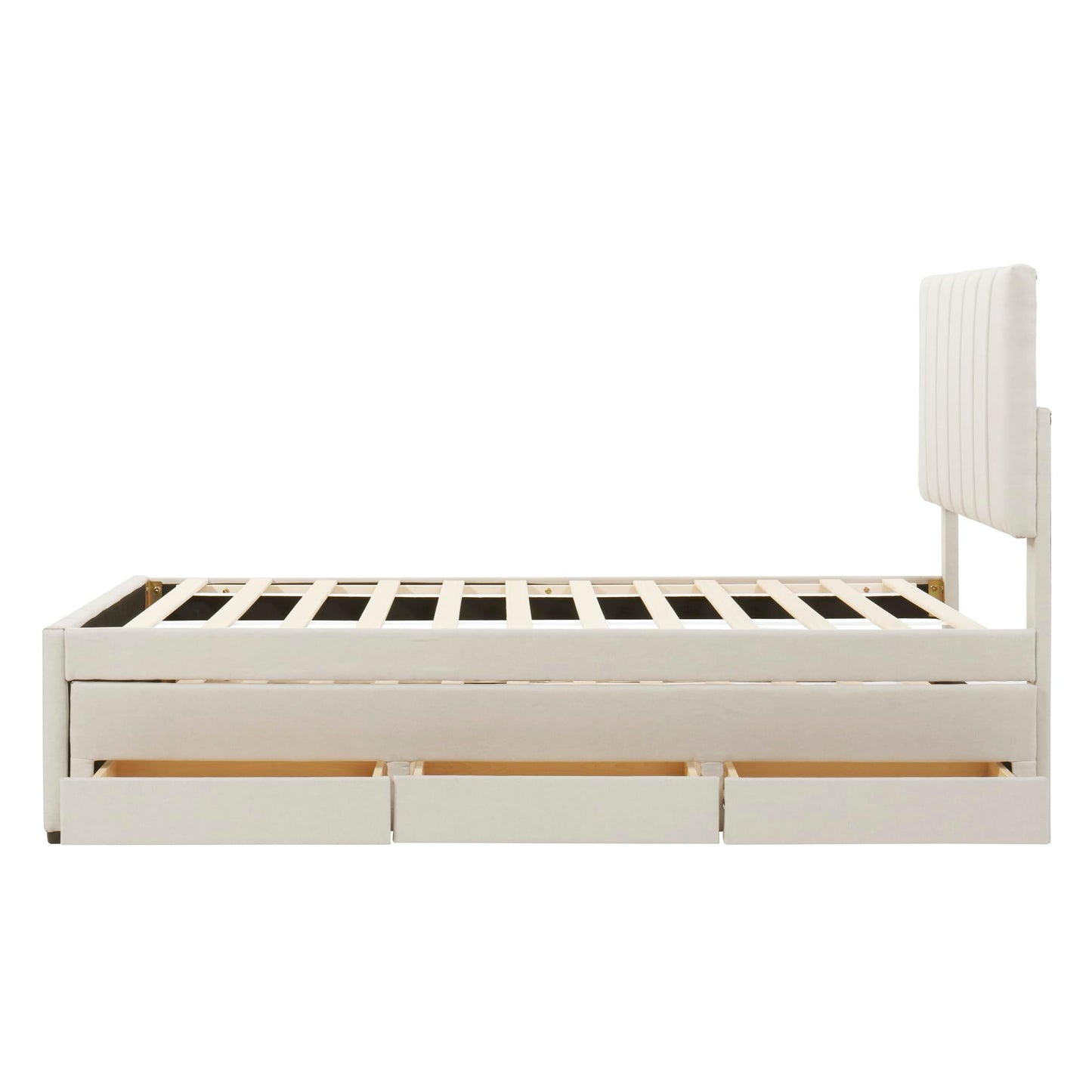 GDFStudio Twin Size Upholstered Platform Bed with Trundle and 3 Storage Drawers, Linen Fabric Bed Frame with Stripe Headboard and Wood Slat Support, Beige