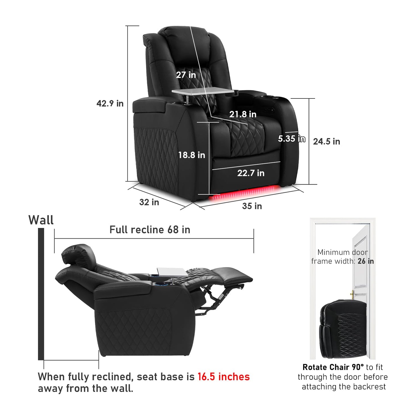 PBRO Home Theater Seating Top Grain Leather Recliner Chair, Movie Theater Chair Sofa with Power Reclining & Headrest USB Charger Ports Ambient Lighting, Black Single Seat for Home