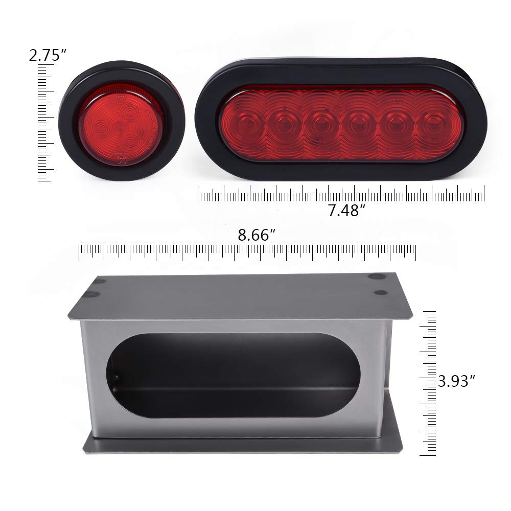 PIT66 Trailer Tail Light Kit - 2 Pack, 6 Inch Oval Red LED & 2 Inch Round Side Marker Lights, Stop and Turn Modes, Red