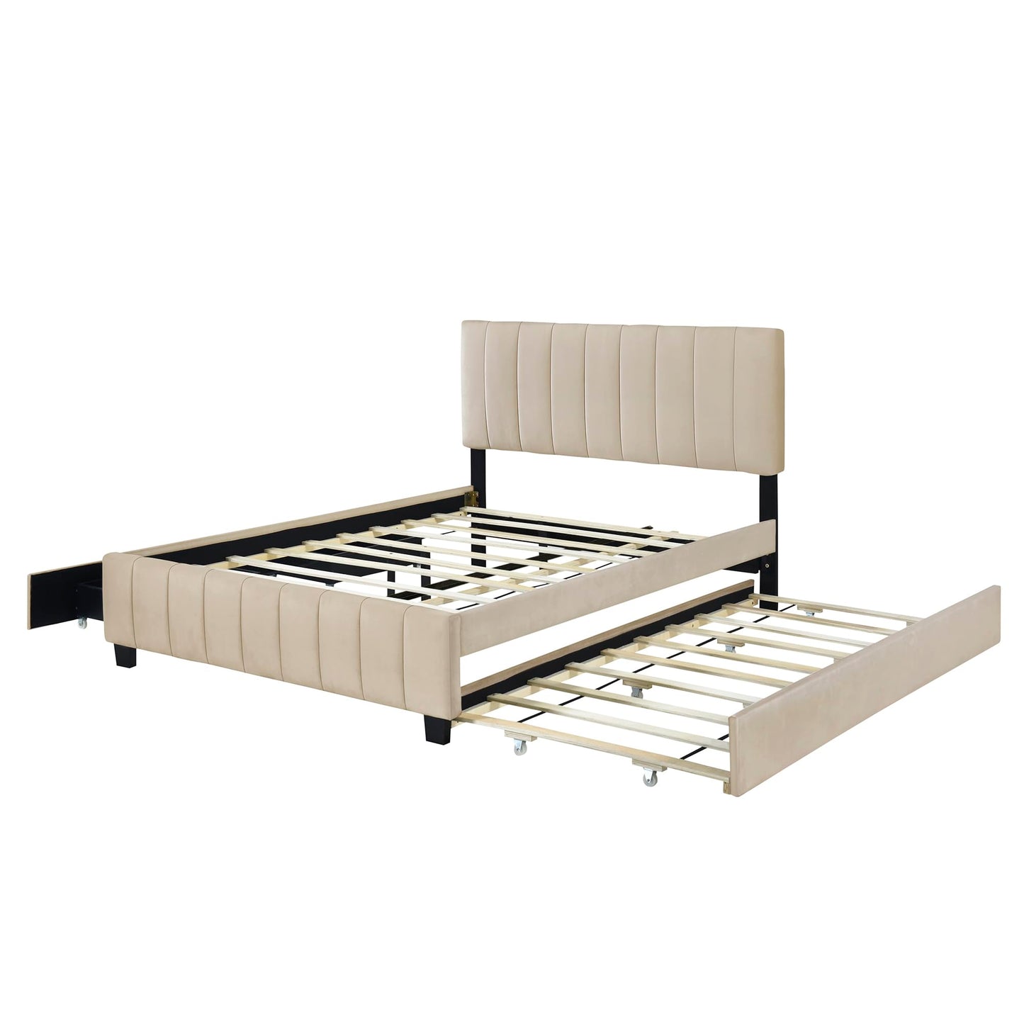 Merax Queen Size Upholstered Platform Bed with 2 Drawers and 1 Twin XL Trundle, Beige Wooden Bed Frame, No Box Spring Need