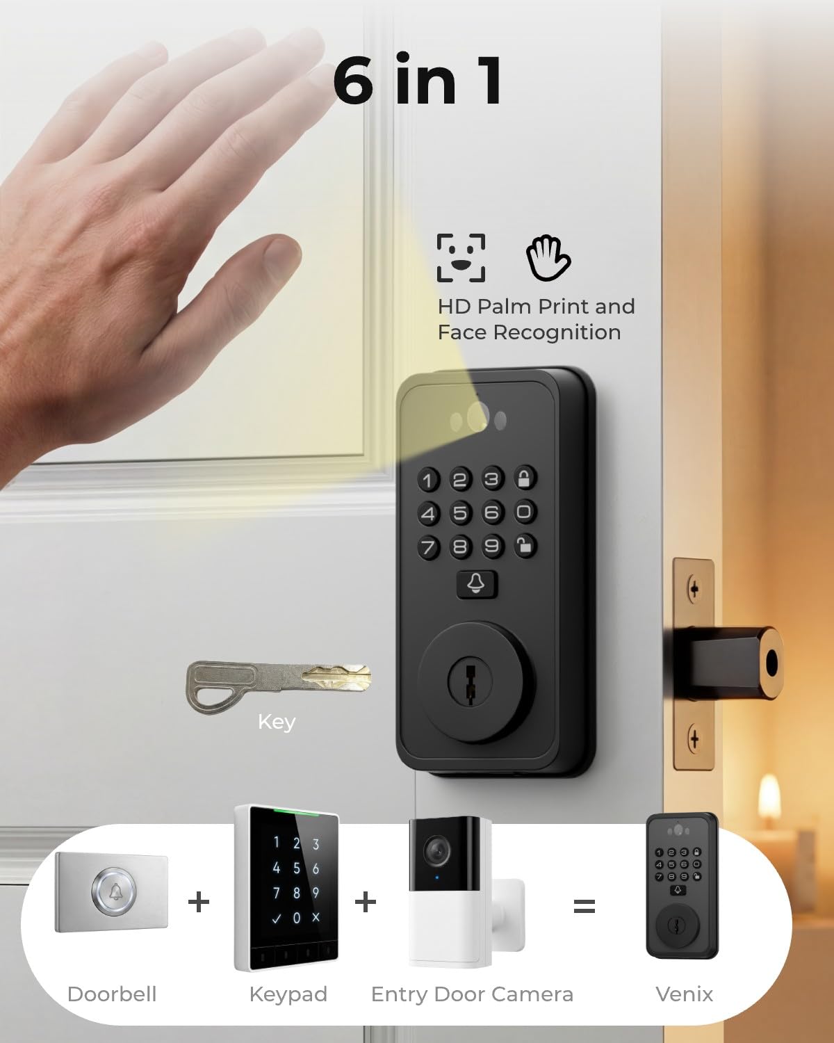 Smart Door Lock with Face & Palm Vein Recognition, Ultra-Wide Peephole Video Doorbell, Keep-Alive WiFi, Tuya App Control, Keyless Entry with Rechargeable Battery for Front Door