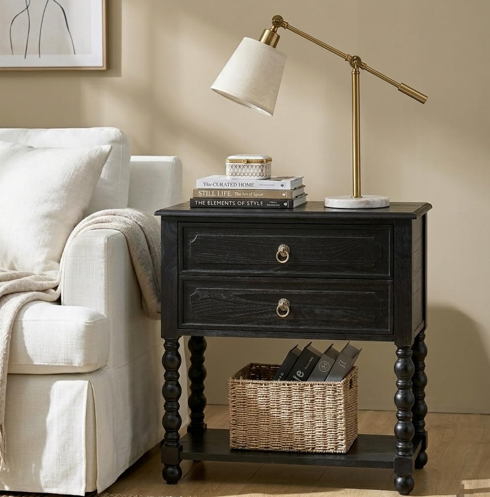 HULALA HOME Farmhouse Storage End Table with 2 Drawers and Open Shelf, Solid Wood Side Table with Spindle Legs, End Table with Charging Station (Charcoal)