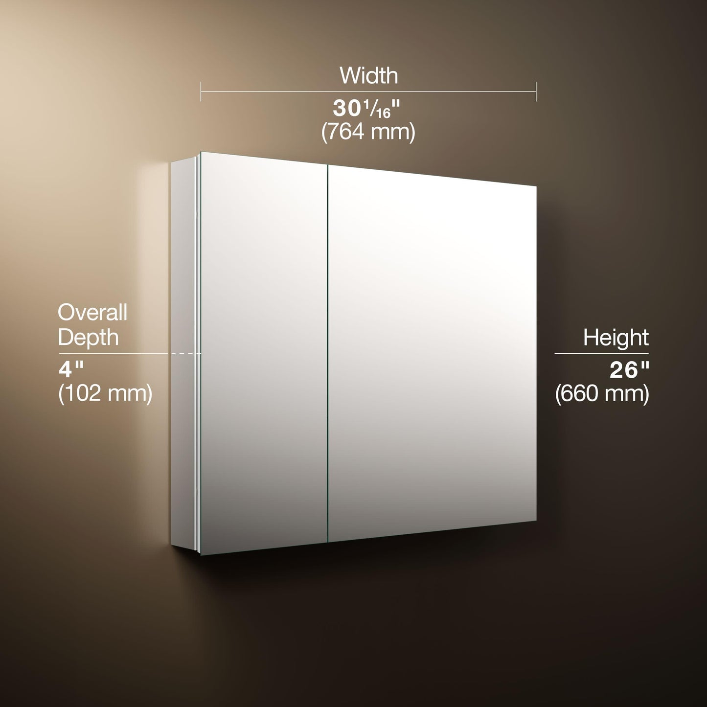 Kohler 55064-NA Embark Slim Medicine Cabinet Mirror, Adjustable Shelves with Mirrored Doors, 30 in. W x 26 in. H