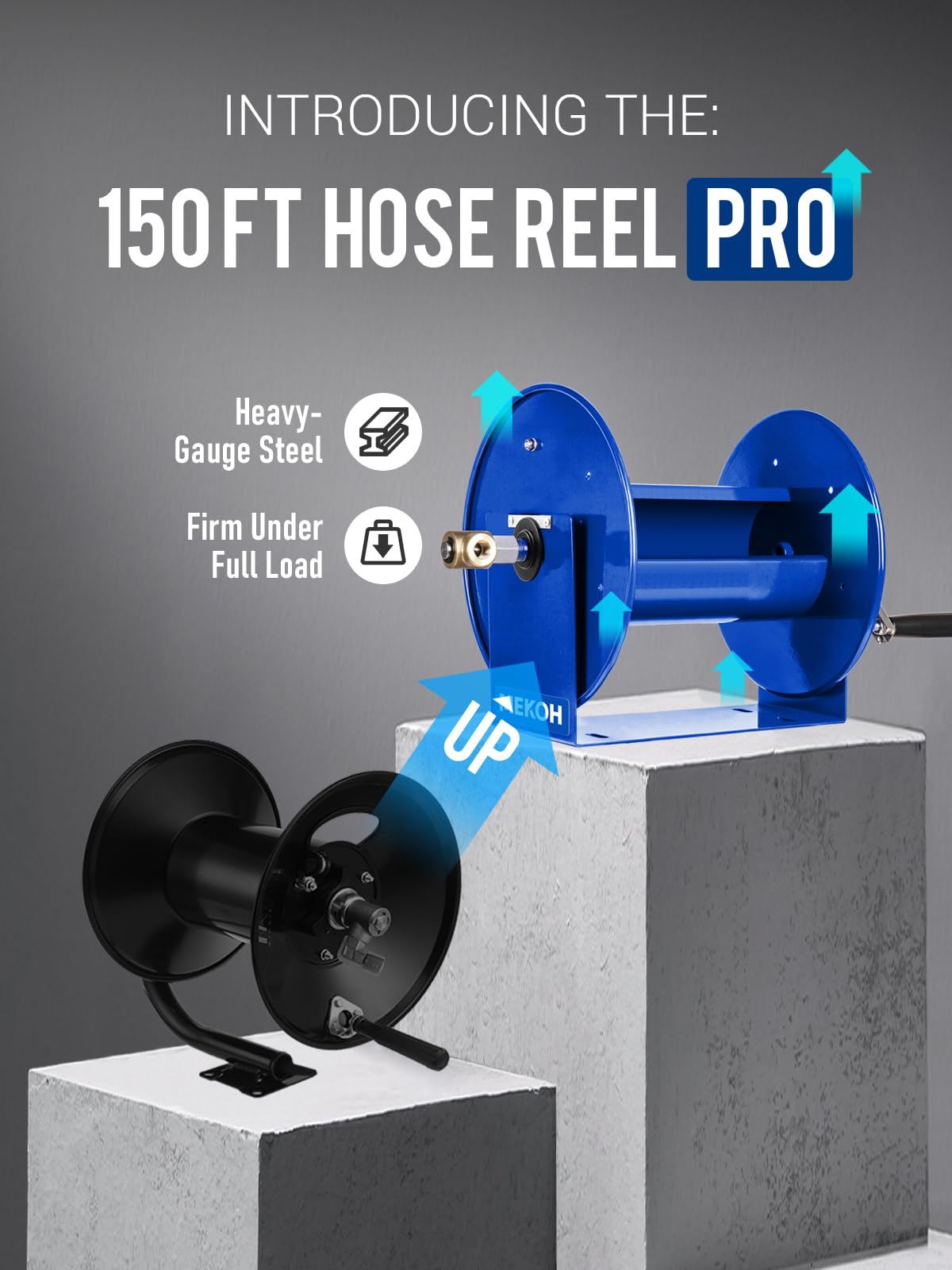 MEKOH Pressure Washer Hose Reel 150FTx3/8”, 300FTx1/4” Manual Power Washer Hose Reel with M22 14mm Fitting,4500PSI Heavy Duty Hose Reel for Water,High Pressure Metal Reel with Wall/Van/Trailer Mount