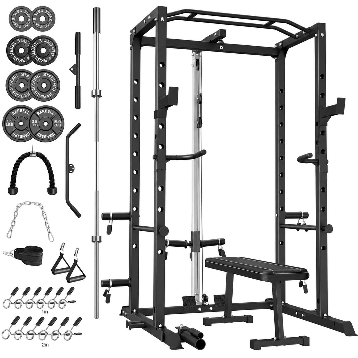 KOPUS Power Rack with Pulley System – Multi-Functional Power Cage Squat Rack, LAT Pull Down, J Hooks & Safety Bars – 1200 lbs Home Gym Equipment – 5 Configurations (Cage + Pulley + 150LB Weights)