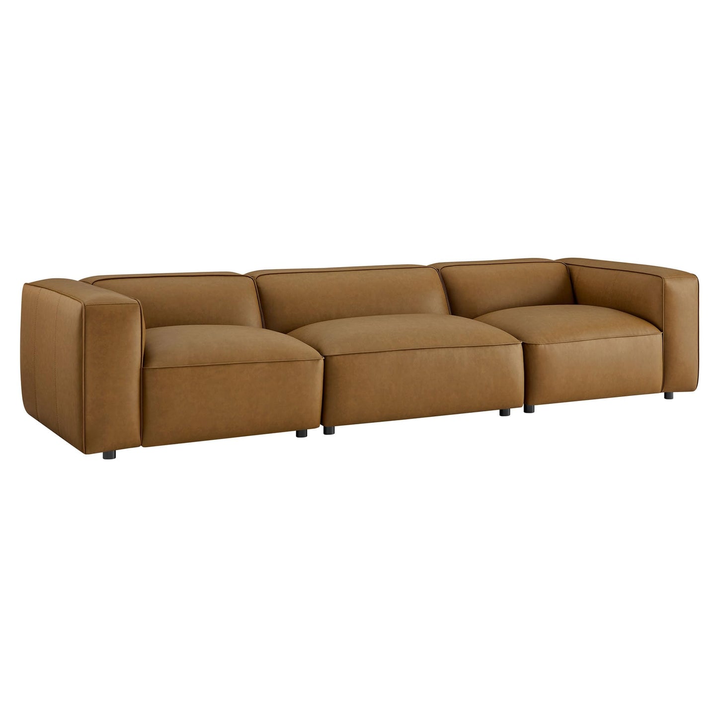 Modway Auren Vegan Leather 3 Piece Modular Sofa in Camel - Faux Leather 3 Seater Couch - Comfy Mid Century Modern PU Leather Sofa for Living Room, Apartment, Loft