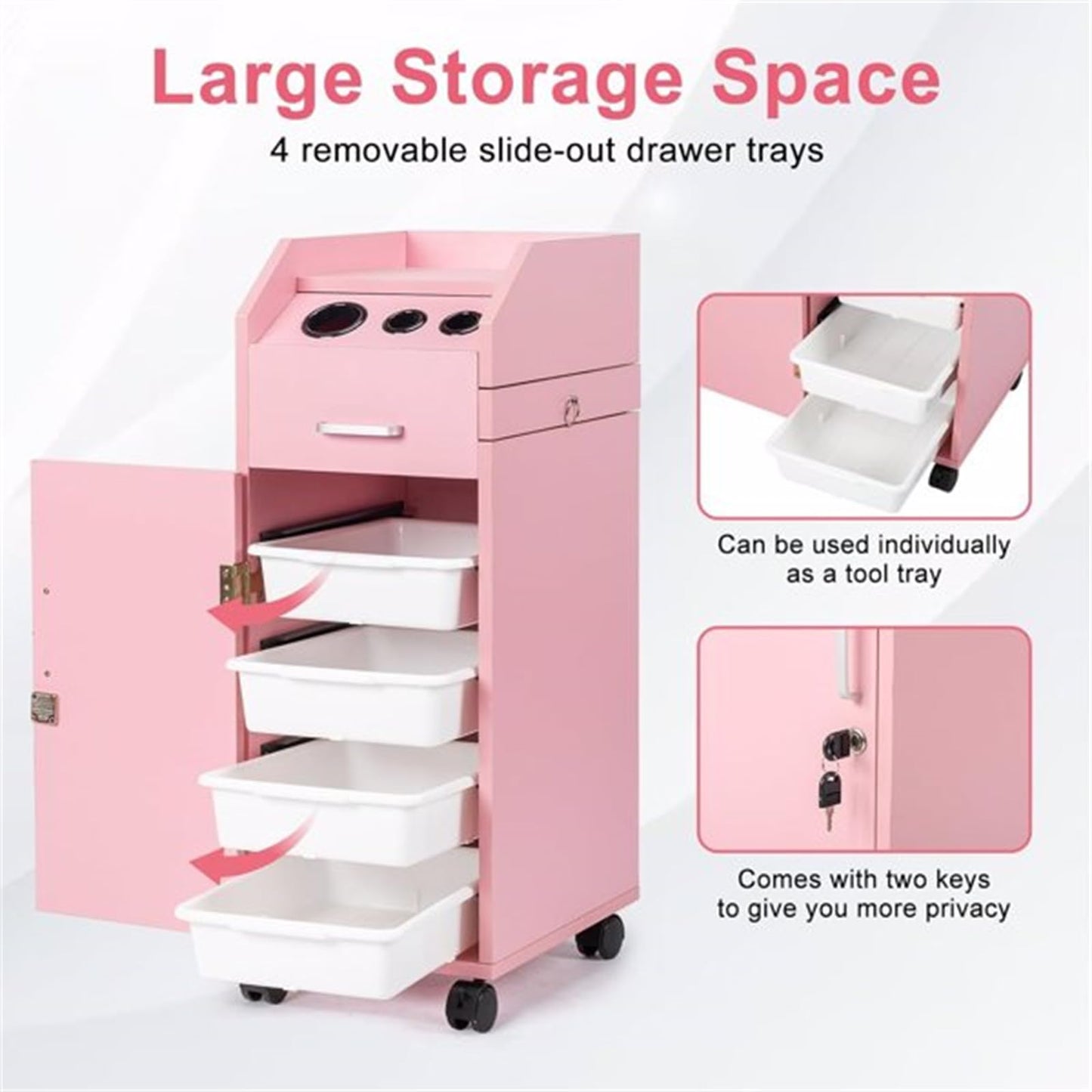 CUIYMXSC Salon Storage Cabinet, Hairdressing Tools Station, with 3 Hair Dryer Holders, 4 Drawers, 1 Lockable Cabinet, Salon Trolley Cart Mobile Barber Station for Beauty Spa Barbershop