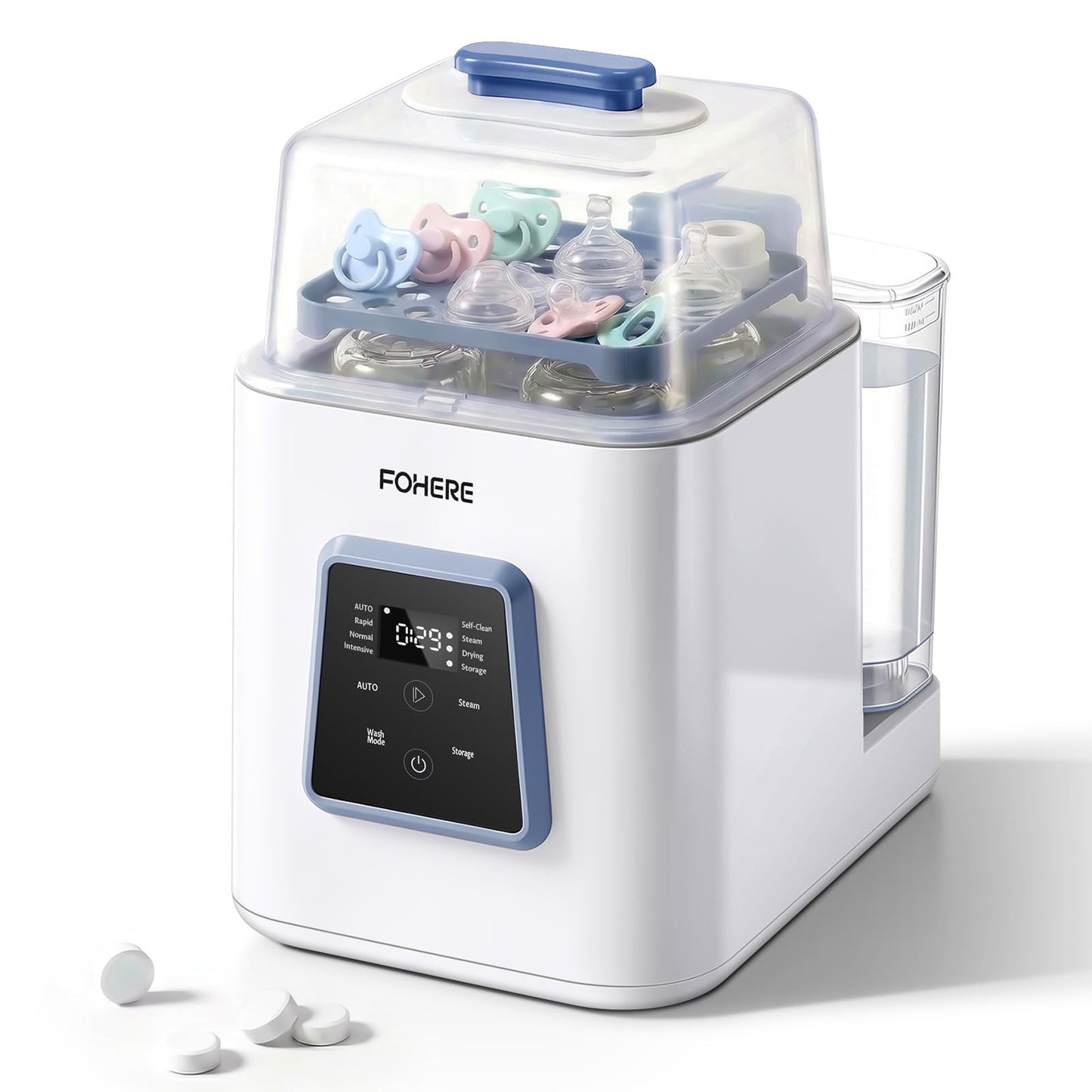 FOHERE All-in-One Baby Bottle Washer and Dryer, Automatic Bottle Cleaner Machine for Breast Pump Parts, Nipples, Newborn Essentials, High-Temp Steam & Deep Clean, 60 Detergent Tablets Included