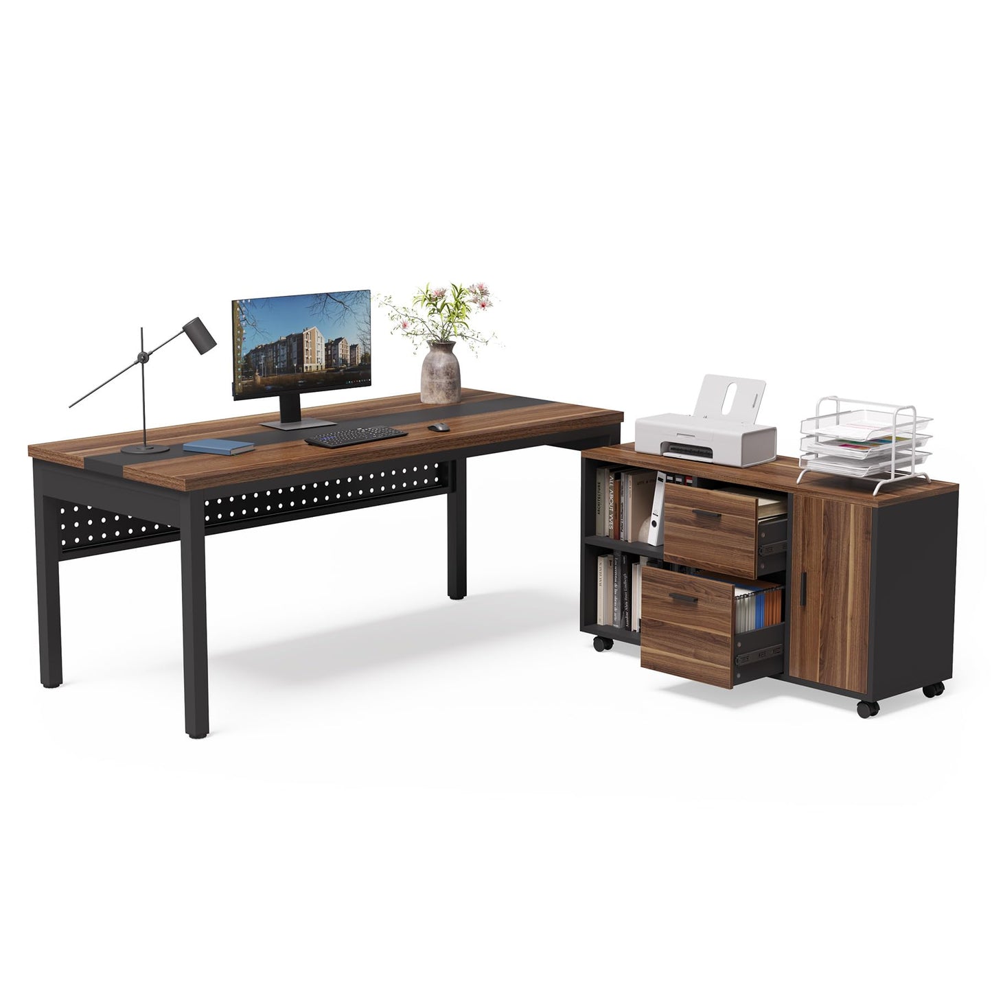 LITTLE TREE 70.8" Executive Desk with Lateral File Cabinet, Modern Thickened Wooden Workstation L-Shaped Computer Desk Large Home Office Writing Desk for Home Office