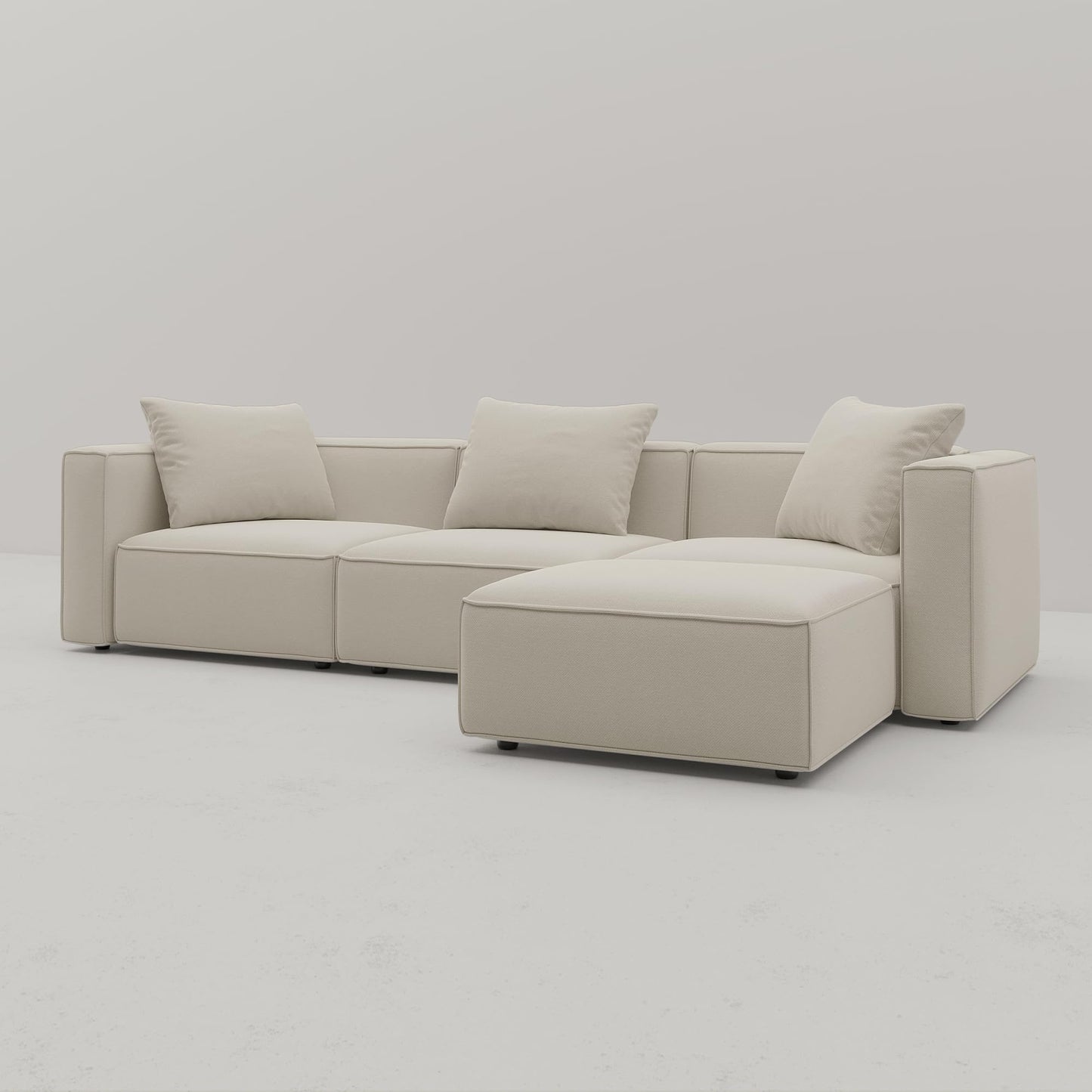 Acanva Luxury Modular Sectional Living Room Sofa Set, Modern Minimalist Style Couch with Ottoman and Chaise, L-Shape, Linen-Like Cream