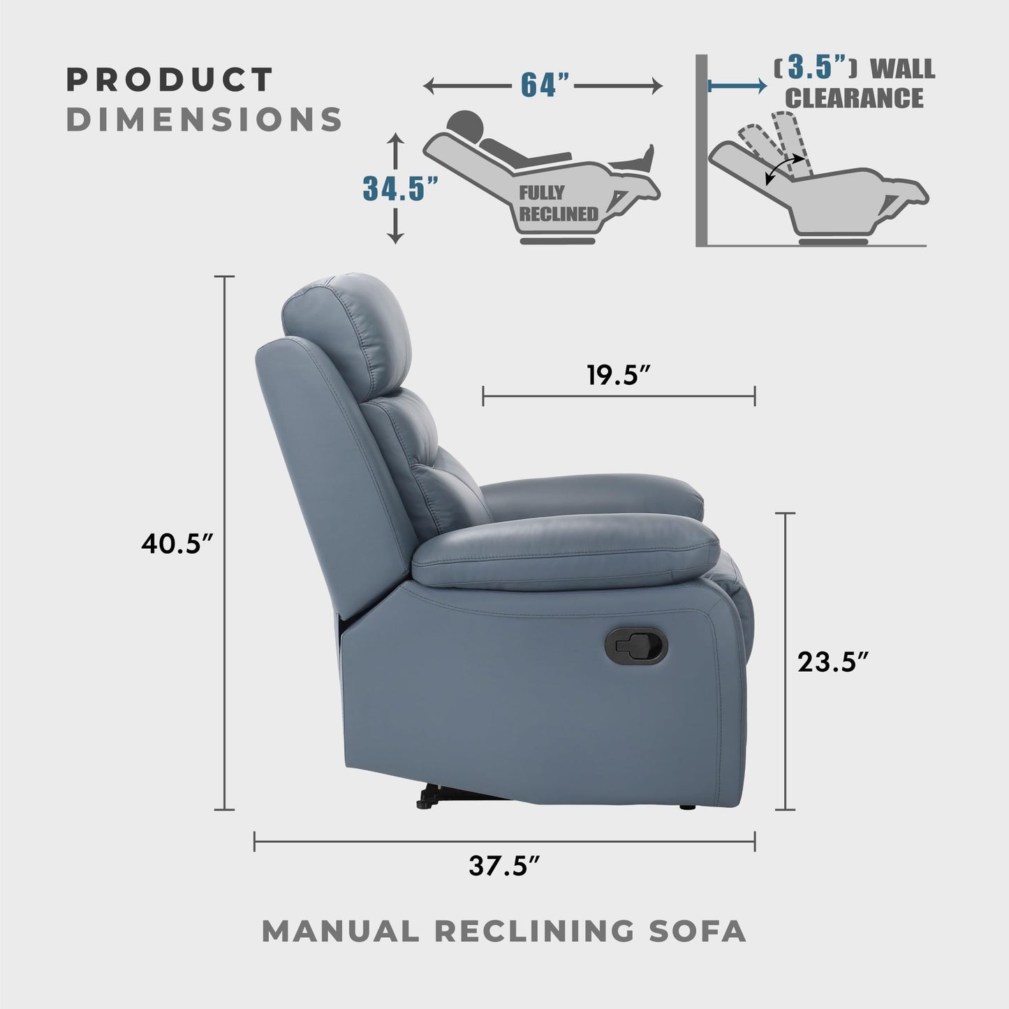 Lexicon 86.5" W Manual Reclining Sofa, Top Grain Leather Match Reclining Sofa, Home Theater Seating, Wall Hugger Recliner Couch, Manual Double Recliner RV Couch for Living Room, Blue