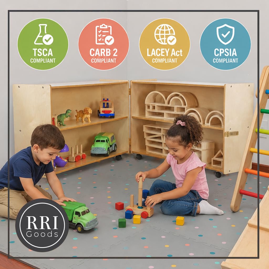 RRI Goods Folding Hinge Bookcase with Casters, 47-Inch Length Closed, 94-Inch Length Open, 2-Shelf Rolling Birch Plywood Storage Unit for Montessori, Daycare, Preschool, Home