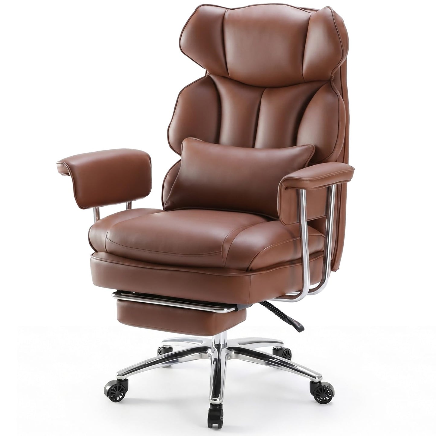OLIXIS Home Office Desk Chair Comfy with Foot Rest, PU Leather Ergonomic Big and Tall High Back Support, 360° Swivel Wheels, Armrests and Detachable Pillow, Height Adjustable, Modern Brown
