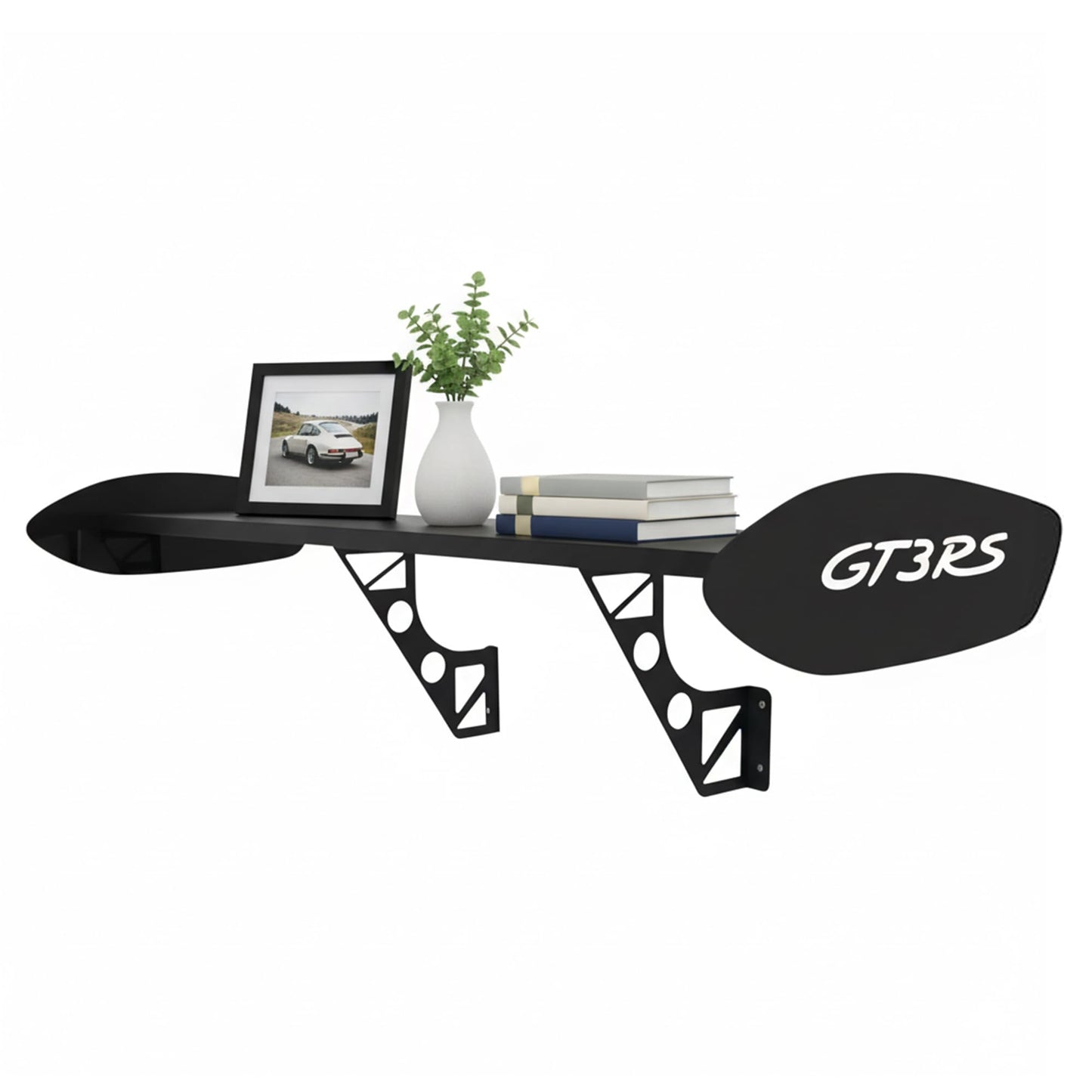 GT3RS Wall Mounted Shelf – Garage Shelving & Man Cave Decor for Car Enthusiasts, Display Shelf for Game Room Decor (White on Black)