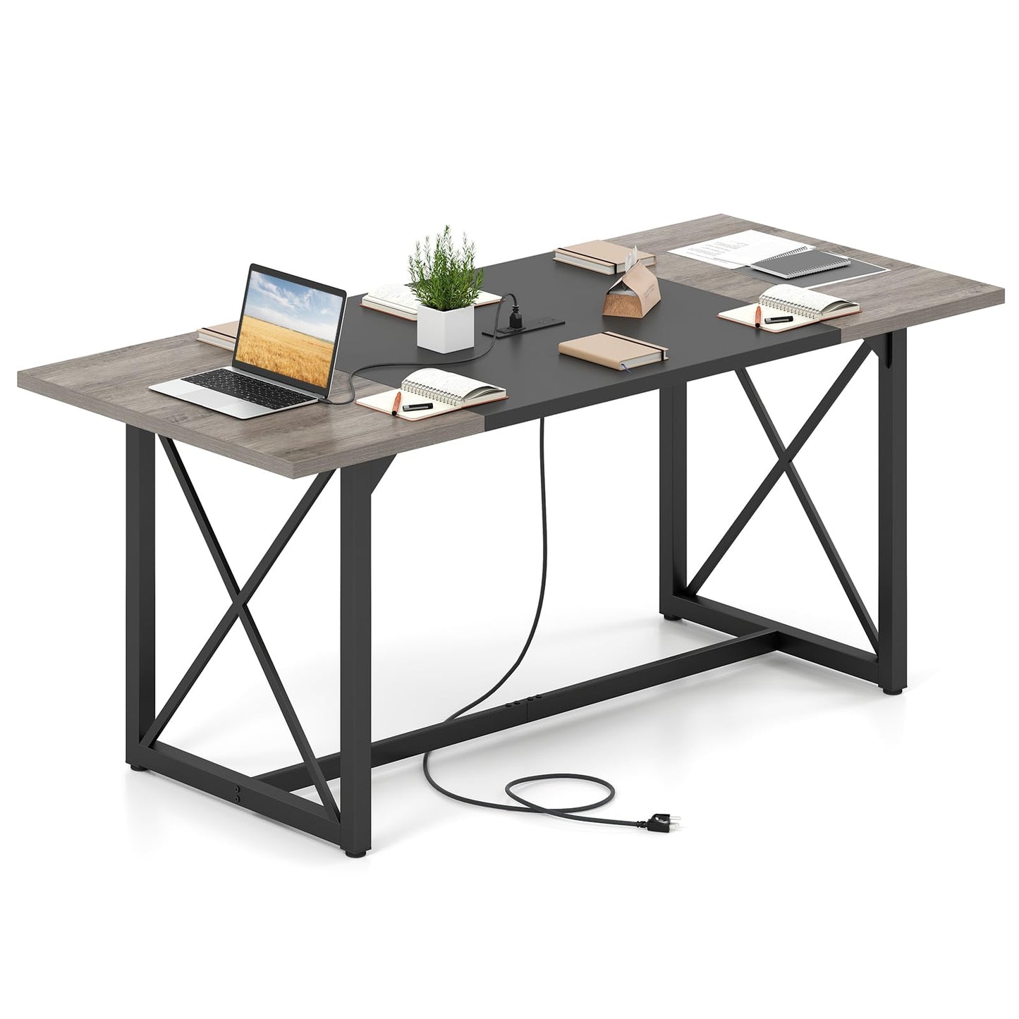 Giantex 6FT Conference Table with Power Outlets, Large Rectangle Meeting Table for 6-8 People, Modern Seminar Boardroom Table w/Stable Metal Frame, Computer Desk for Office Conference (Black,1)