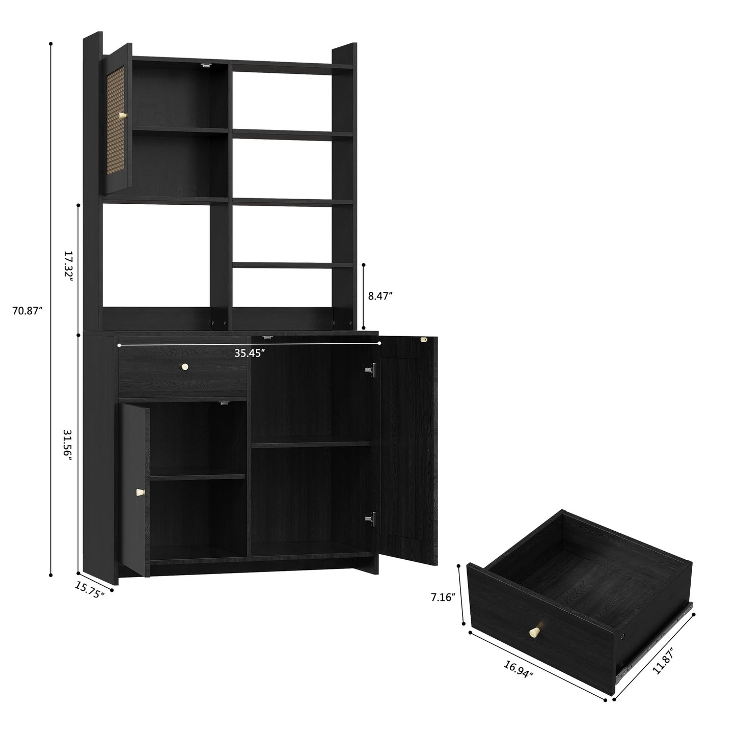 71'' Tall Kitchen Pantry Storage Cabinet, Kitchen Hutch Bar Cabinet with Microwave Stand, Farmhouse Buffet Cabinet w/Drawer, 3 Adjustable Shelf & 3 Rattan Doors for Kitchen, Dining Room (Black)