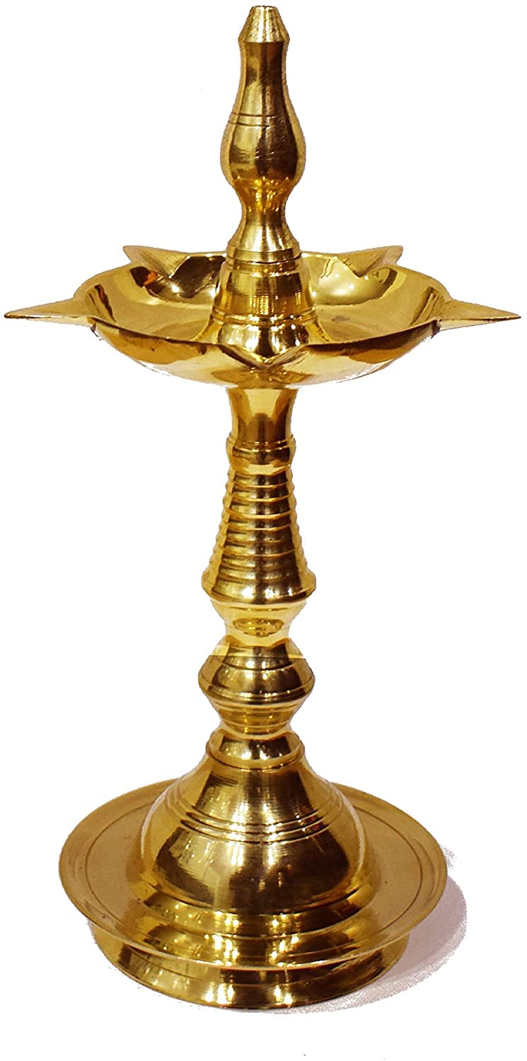 Craftsman 13 Inch Brass Kutthu Vilakku Oil Lamp, Engraved Design, Gold, Kerala Aarti Diya, Traditional Pooja Item