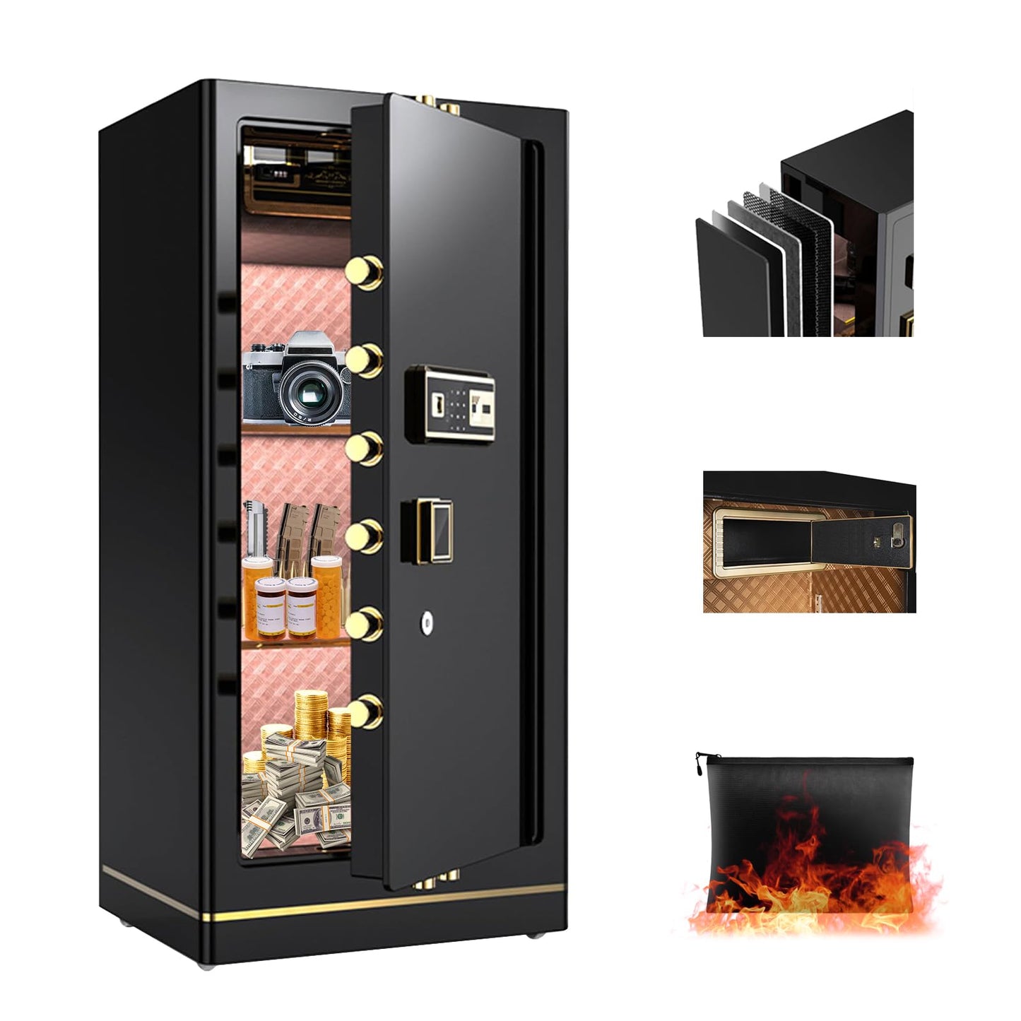 MLJ Large Security Safe - 8.1 Cu. Ft. Waterproof & Fireproof Home Safe with 2 Removable Shelves and Inner Cabinets for Storing Money, Medicines, Jewellery and Other Valuables (Fingerprint Lock)