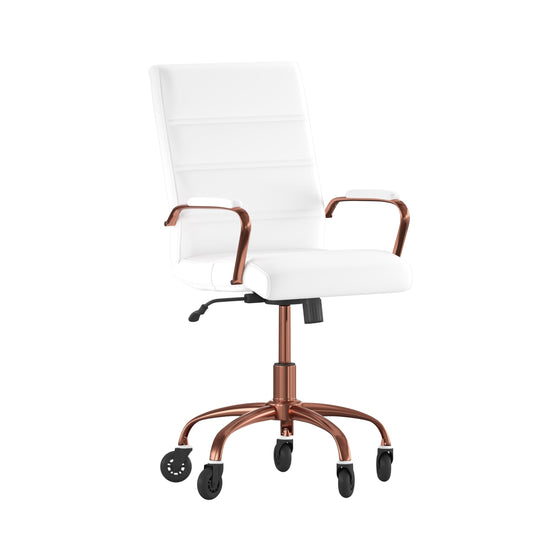 Flash Furniture Camilia Mid-Back White LeatherSoft Executive Swivel Office Chair with Rose Gold Frame, Arms, and Transparent Roller Wheels