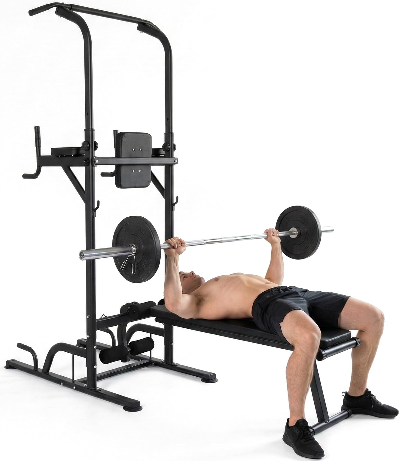 SQUATZ Pull-Up Dip Station - Your All-in-One Power Tower Gym and Chin-Up Bar Stand with Collapsible Bench for Home Exercise and Bench Press