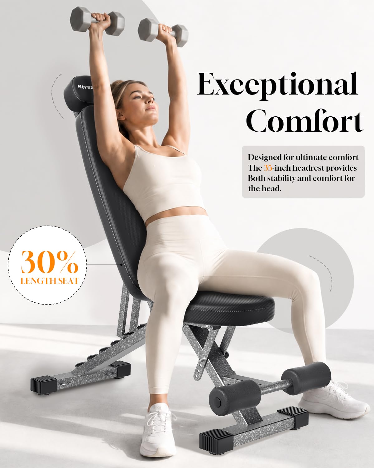 Streamnova Fitness Bench, Adjustable, Comfortable, Fashionable, Foldable and Extended Headrest with 192 Positions Incline Decline 900LBS Home Gym Bench for Strength Training